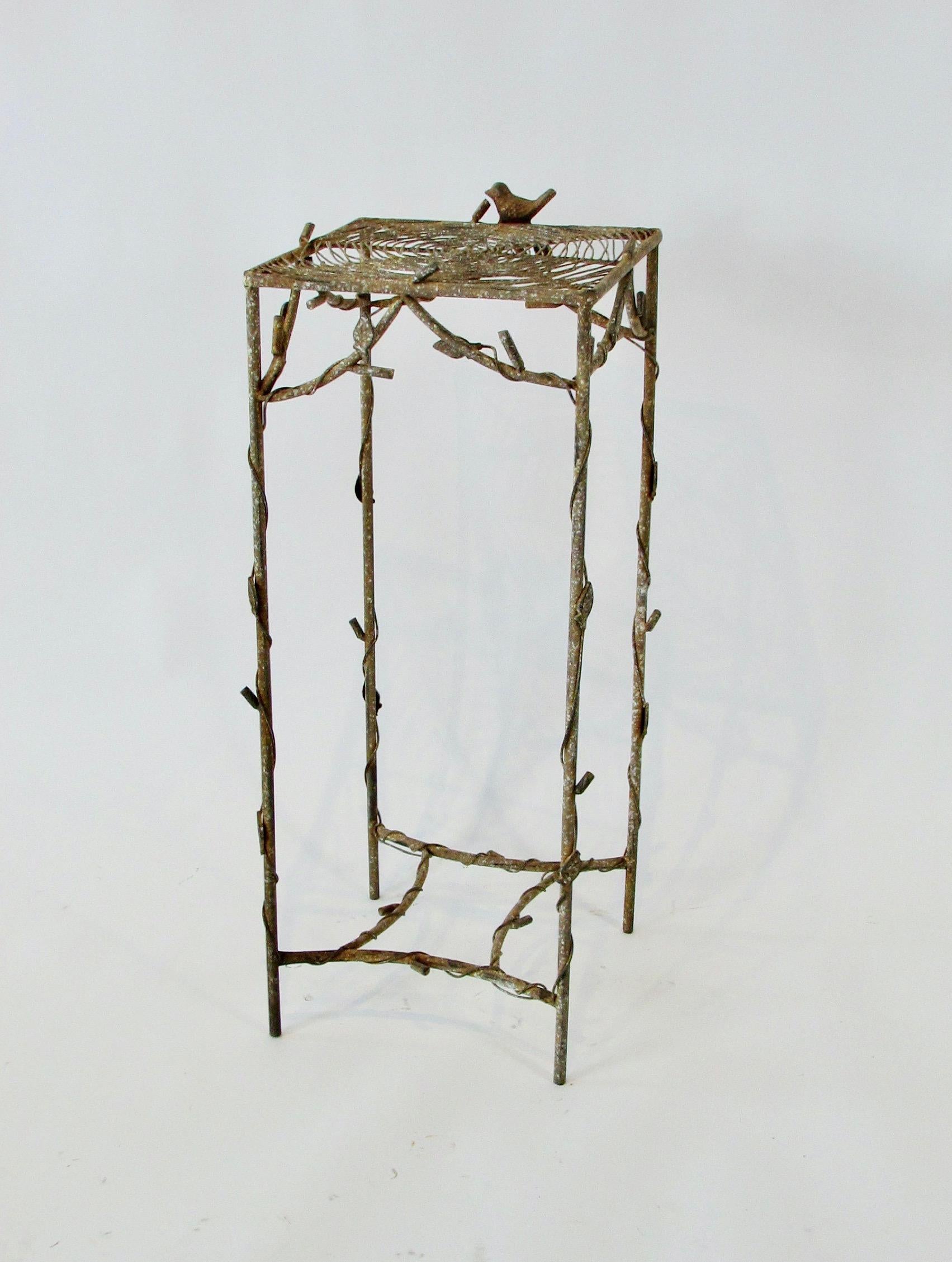 Mid-Century Modern Giacometti Inspired Wrought Iron and Wire Plant Stand with Spider Web Top For Sale