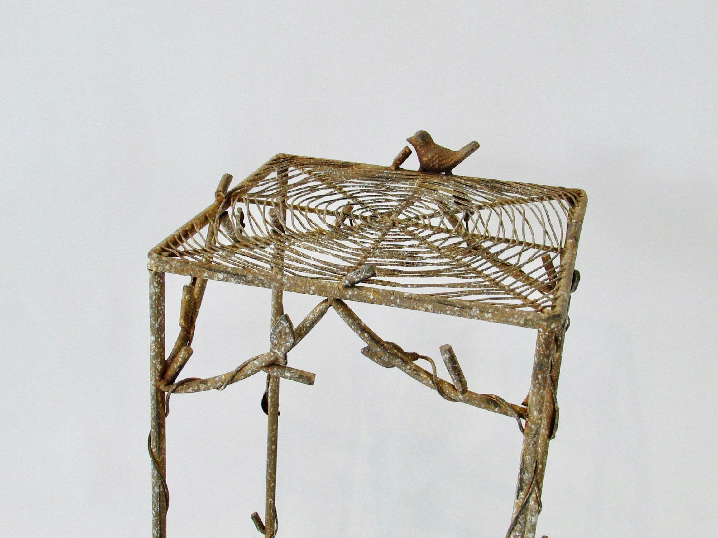 Giacometti Inspired Wrought Iron and Wire Plant Stand with Spider Web Top In Good Condition For Sale In Ferndale, MI