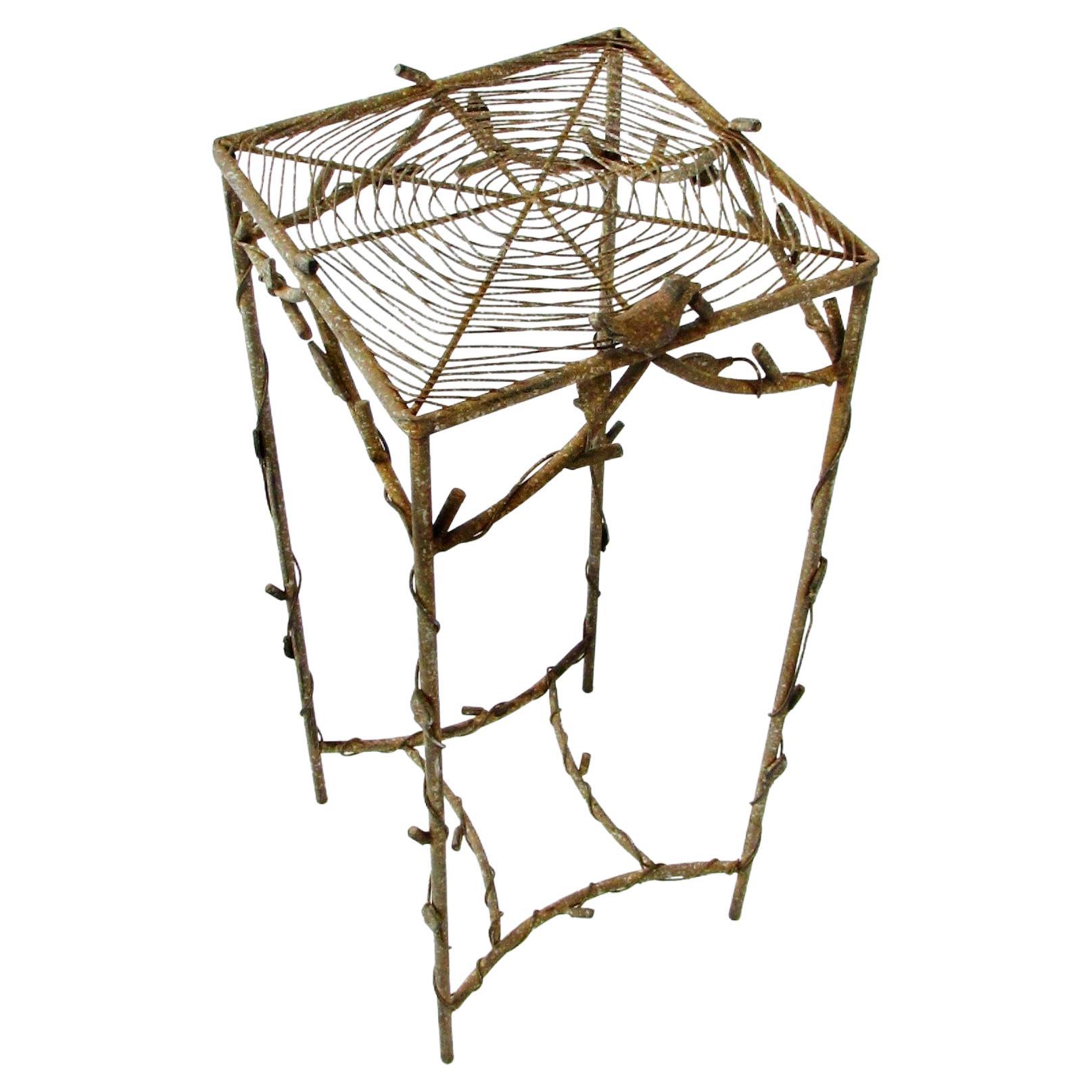 Giacometti Inspired Wrought Iron and Wire Plant Stand with Spider Web Top For Sale