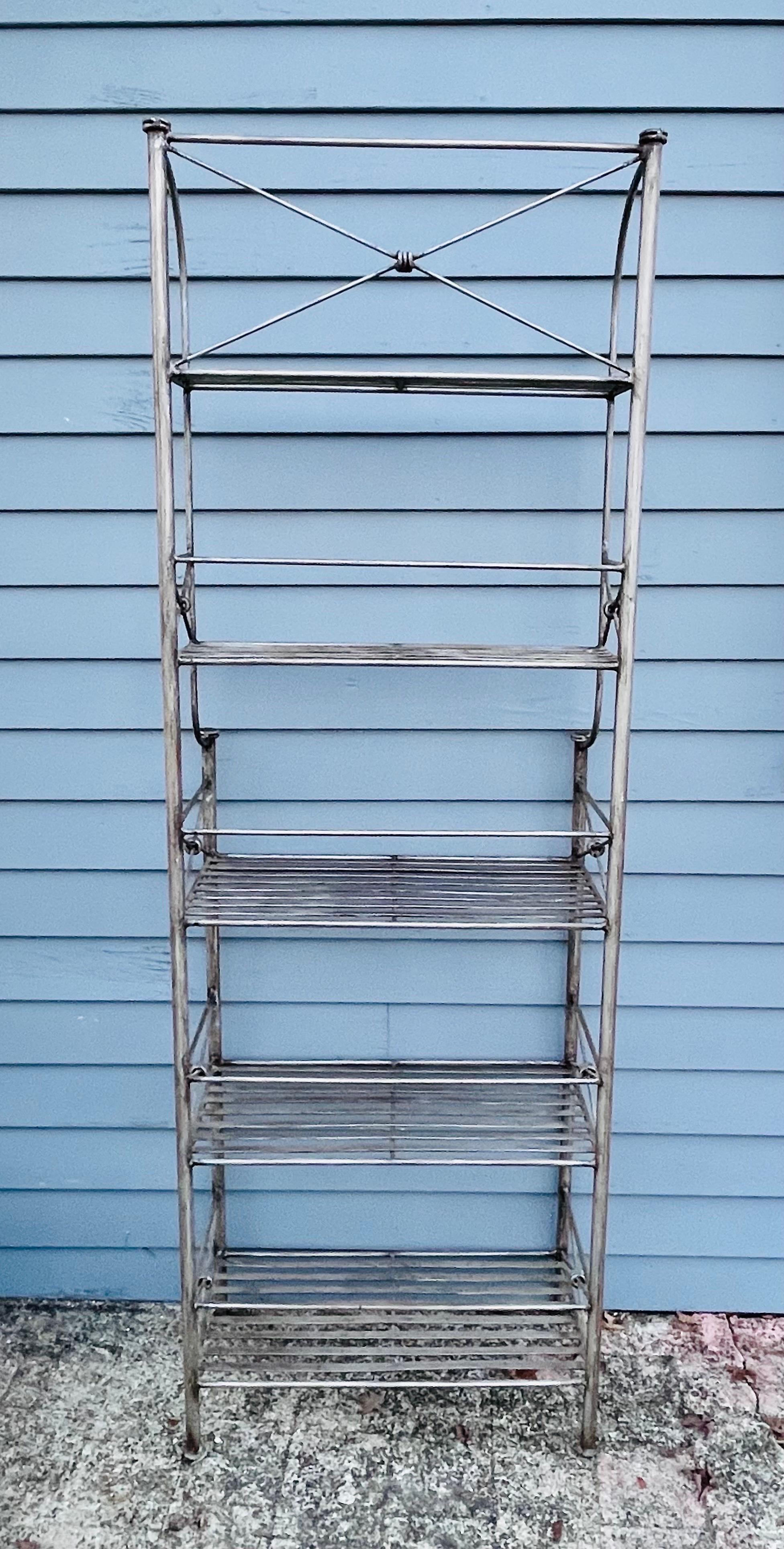 Metal Giacometti inspired wrought iron Bakers Rack For Sale