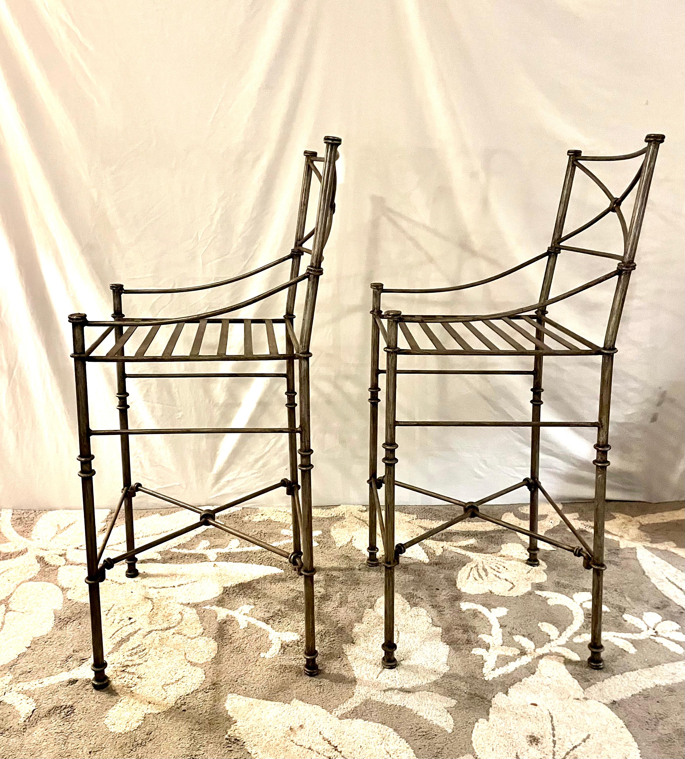 Giacometti Inspired Wrought Iron Chairs A Set of Bar Stool Dining Chairs For Sale 3