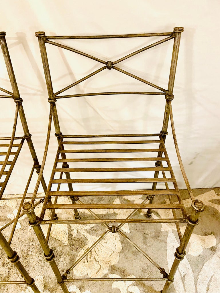 Neoclassical Giacometti Inspired Wrought Iron Chairs A Set of Bar Stool Dining Chairs For Sale