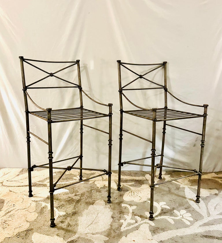 Giacometti Inspired Wrought Iron Chairs A Set of Bar Stool Dining Chairs For Sale 1