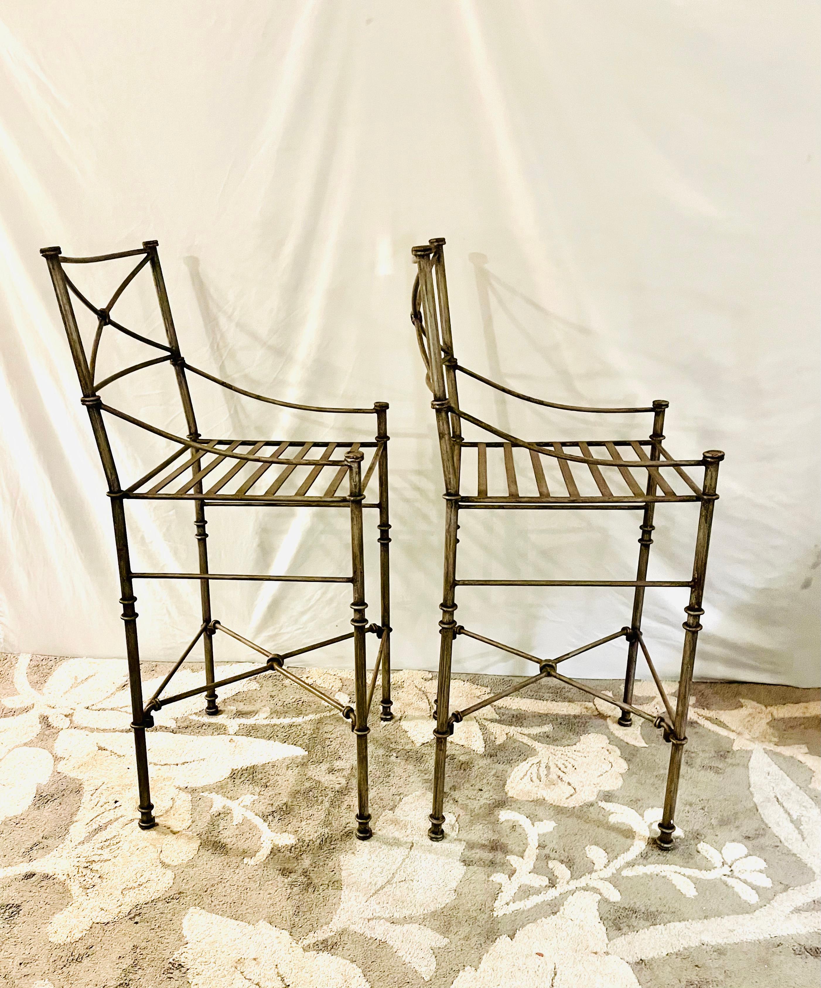 20th Century Giacometti Inspired Wrought Iron Chairs A Set of Bar Stool Dining Chairs For Sale