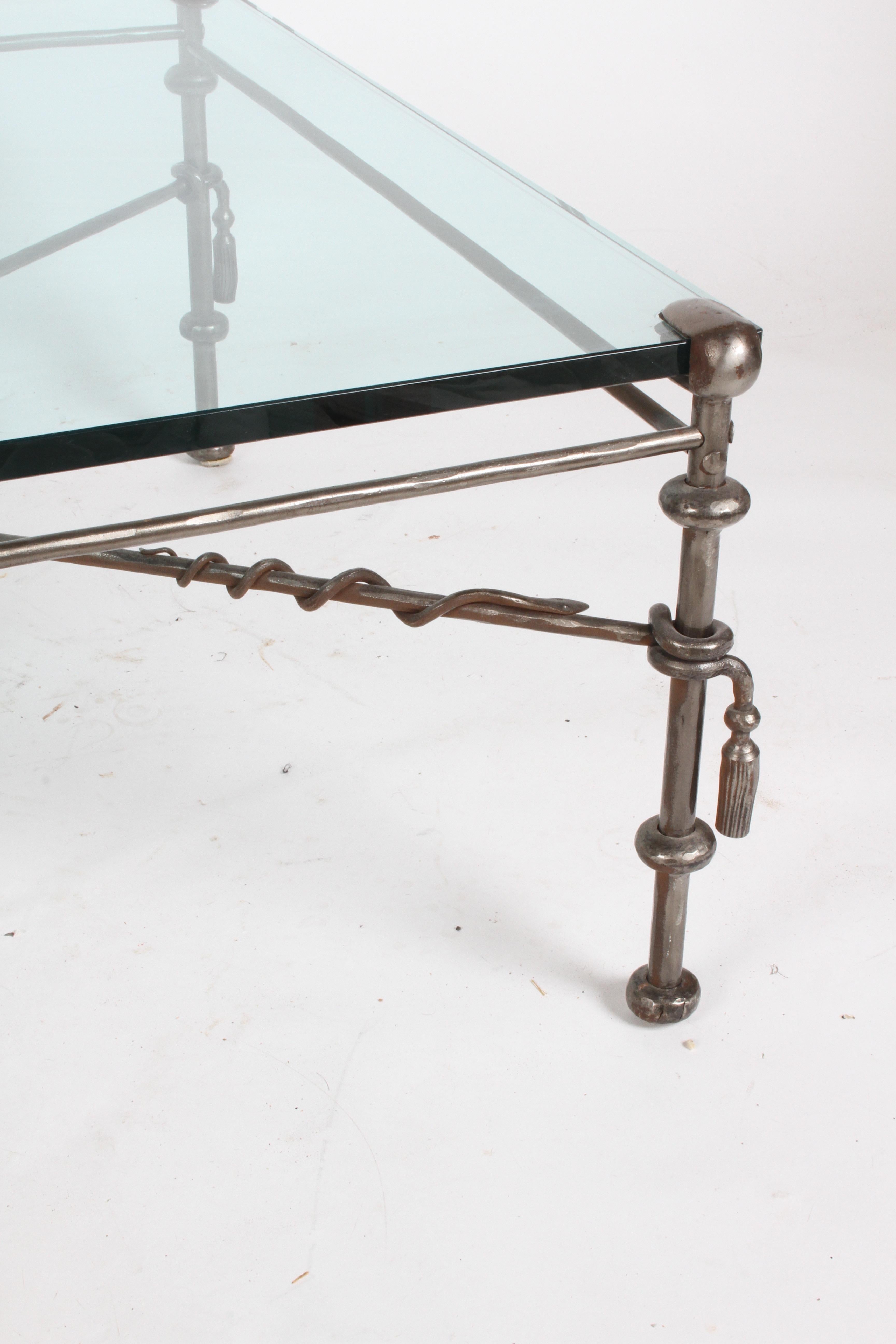 After Giacometti hammered wrought iron and glass coffee table, thick 3/4