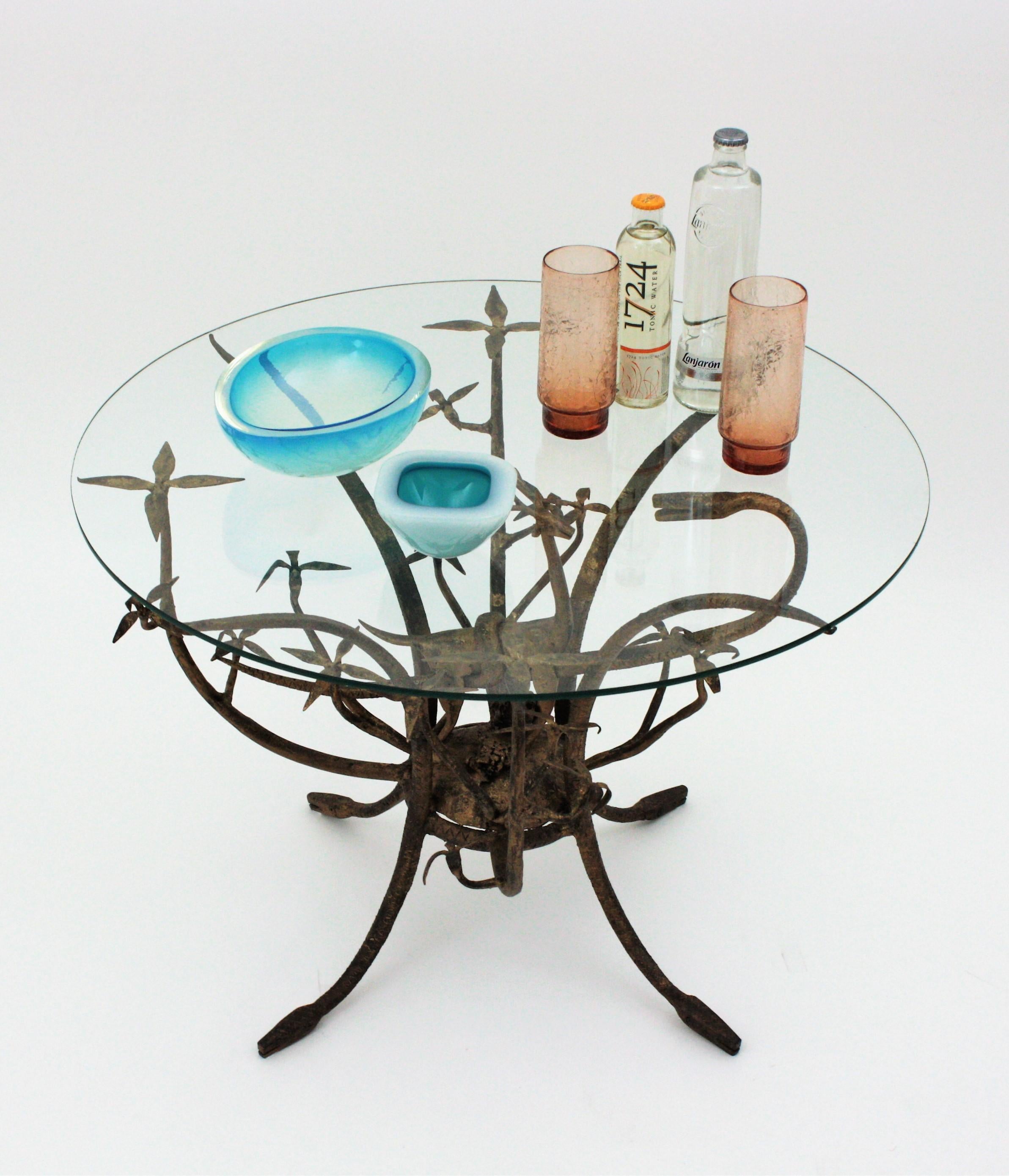 Mid-Century Modern French Naturalistic Wrought Iron and Glass Table, 1960s