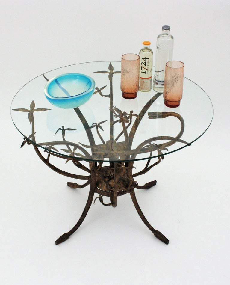 French Naturalistic Wrought Iron and Glass Table, 1960s For Sale 14