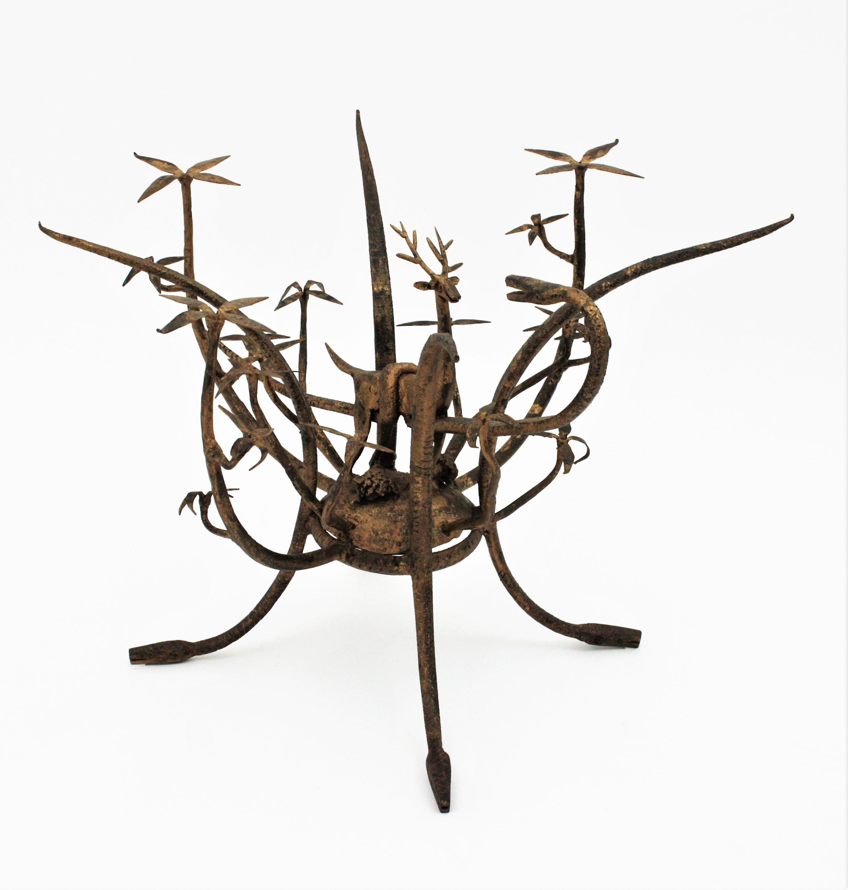 French Naturalistic Wrought Iron and Glass Table, 1960s 3