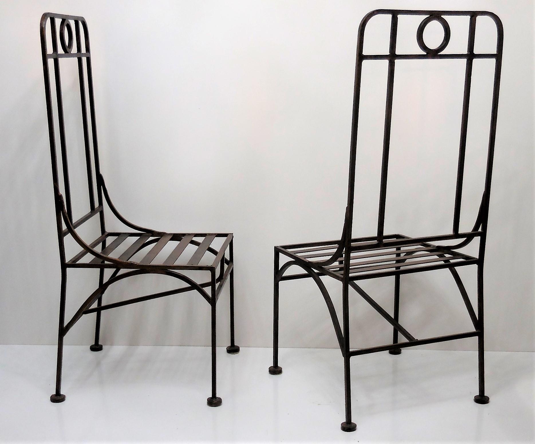 A pair of chairs, three pairs available. Steel construction with a beautiful bronze patina. Handsome design with pure lines and proportions. Made to be used outdoors as well as indoors. Spectacular from any angle.