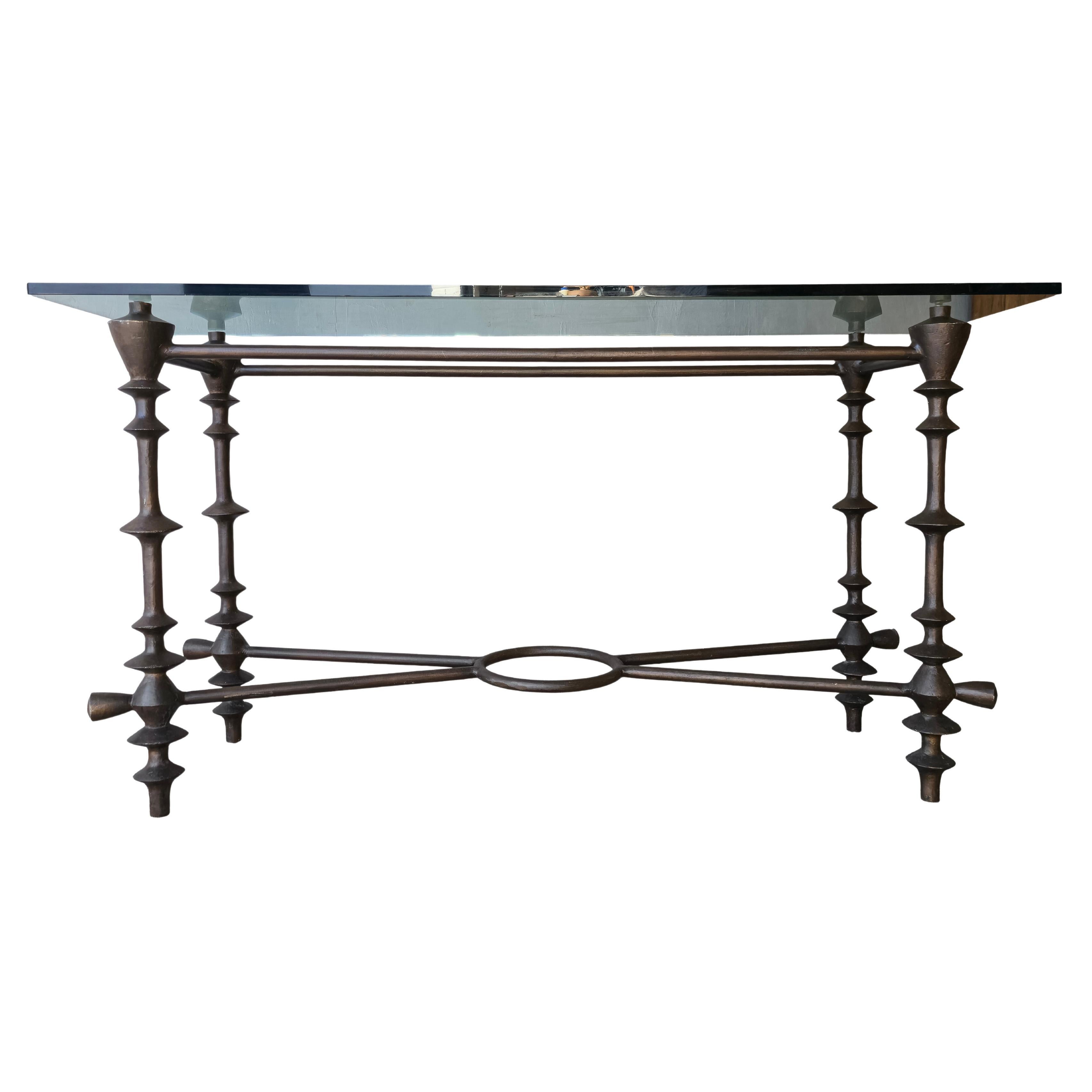 Giacometti Style Bronzed Finish and Glass Console Table