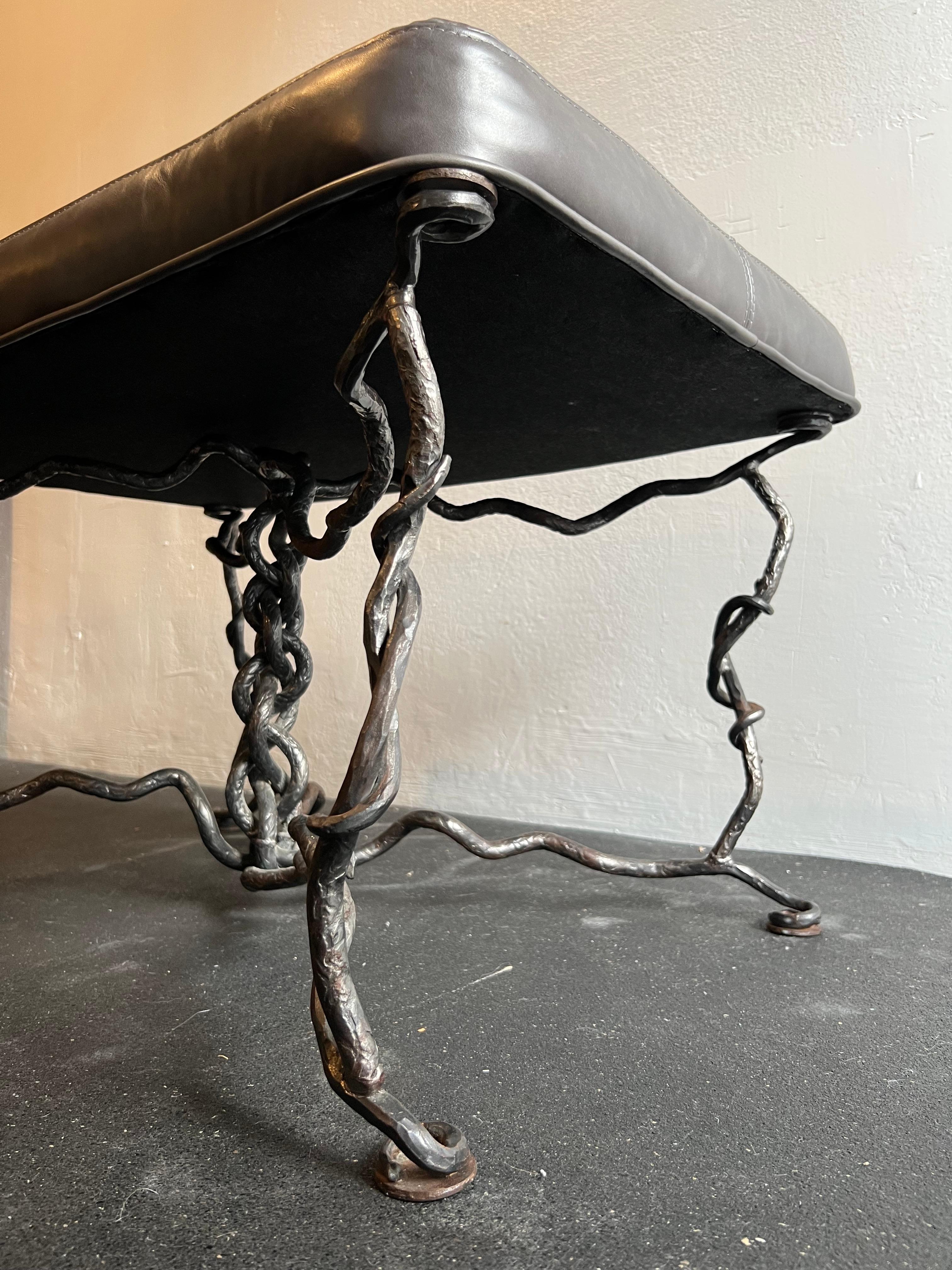 Giacometti Style Brutalist Iron Bench In Leather  For Sale 4