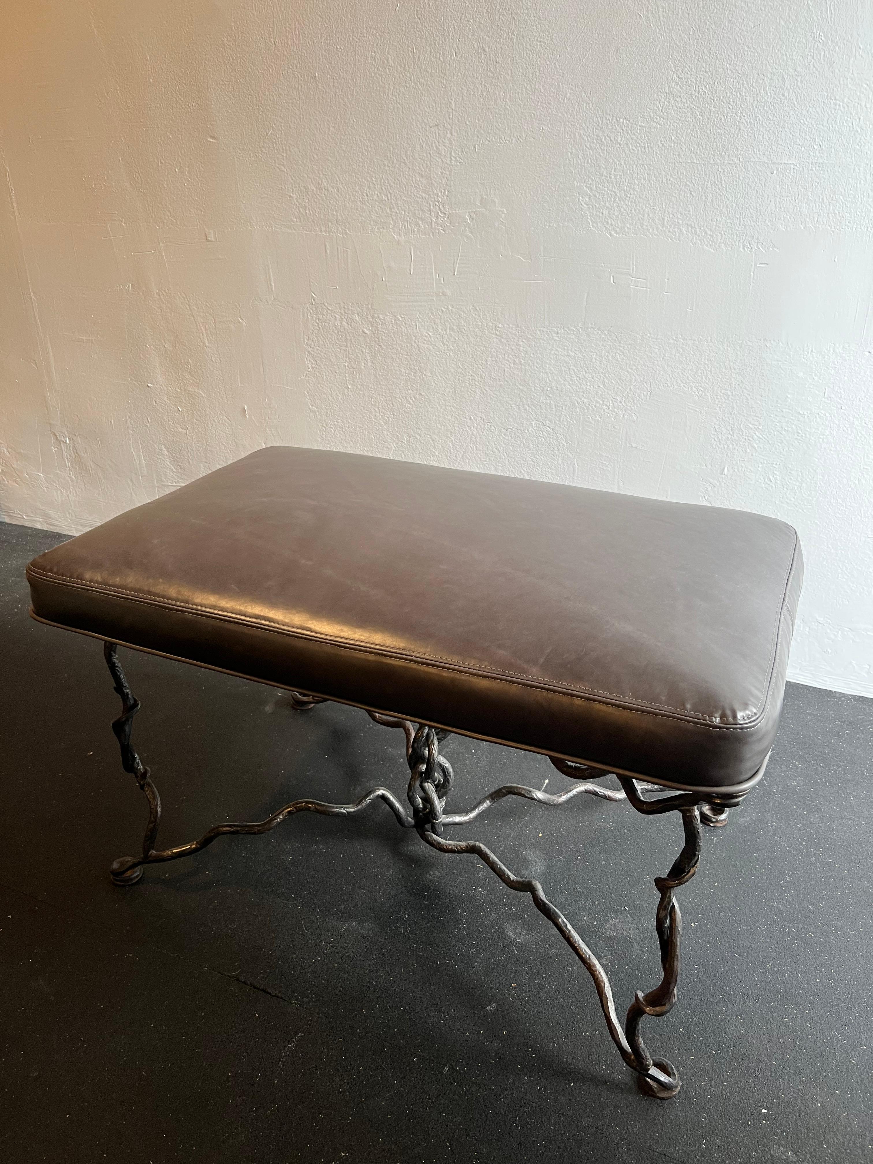 Mid-Century Modern Giacometti Style Brutalist Iron Bench In Leather  For Sale