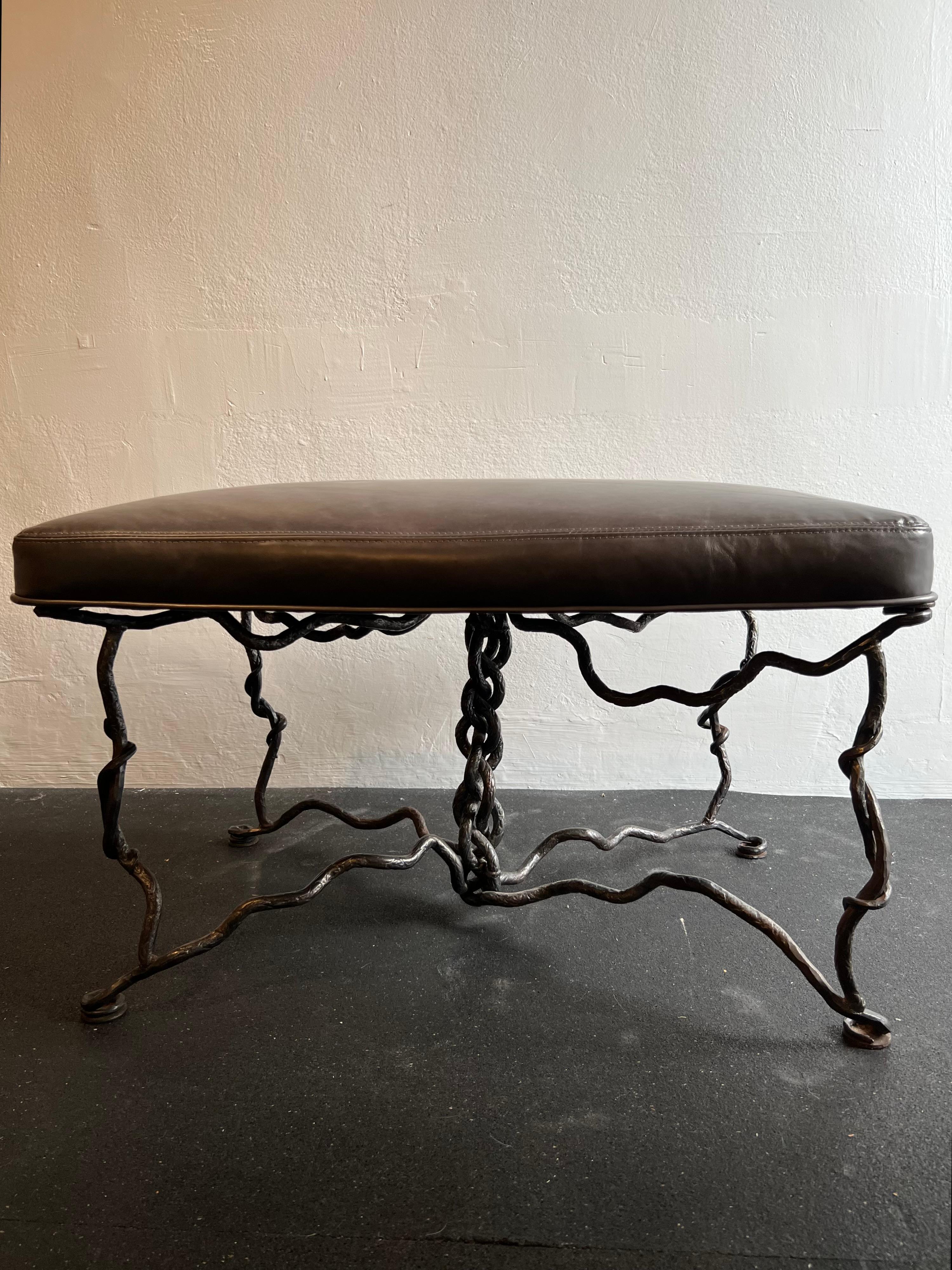 Unknown Giacometti Style Brutalist Iron Bench In Leather  For Sale