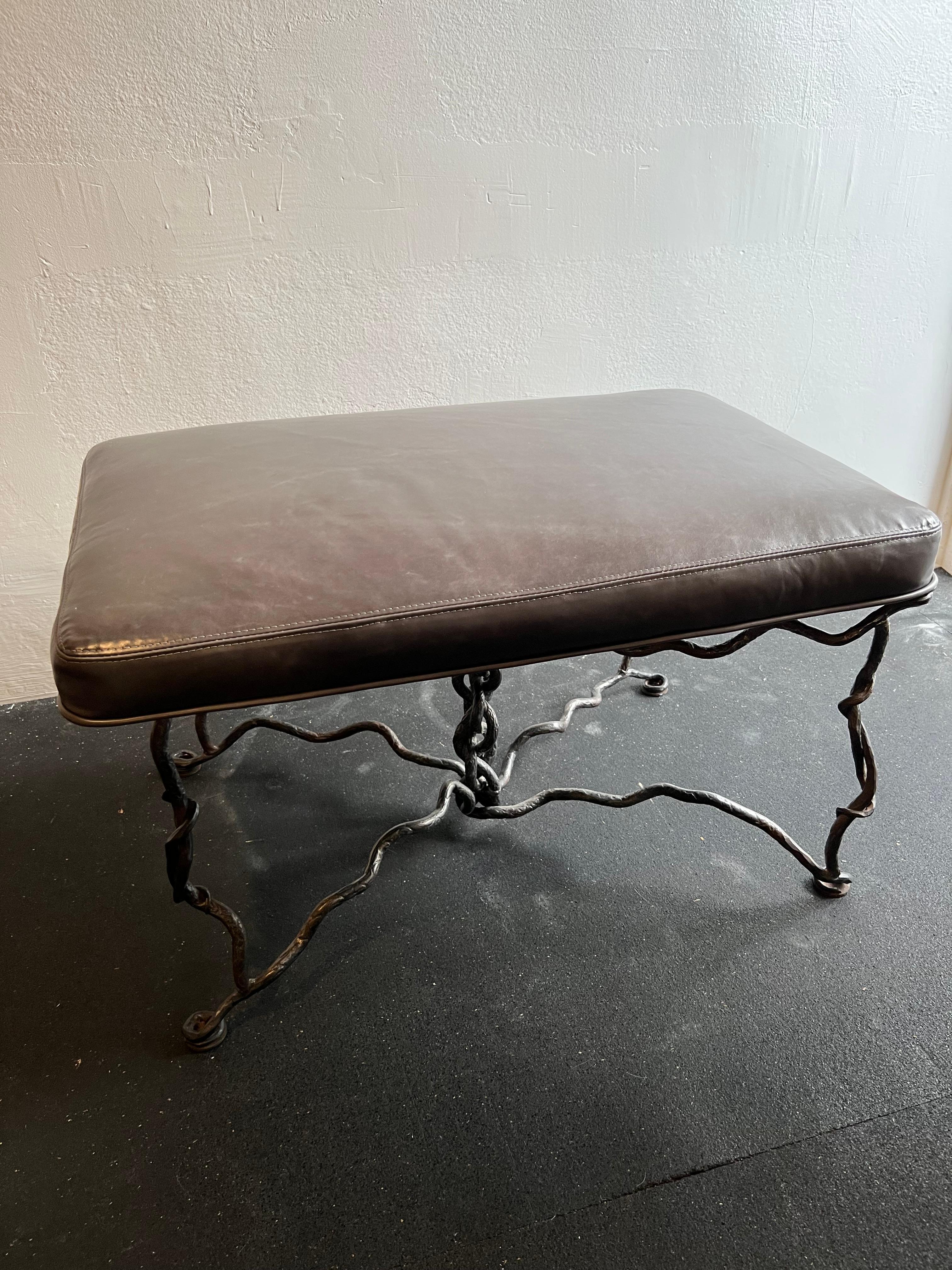 Giacometti Style Brutalist Iron Bench In Leather  In Good Condition For Sale In West Palm Beach, FL