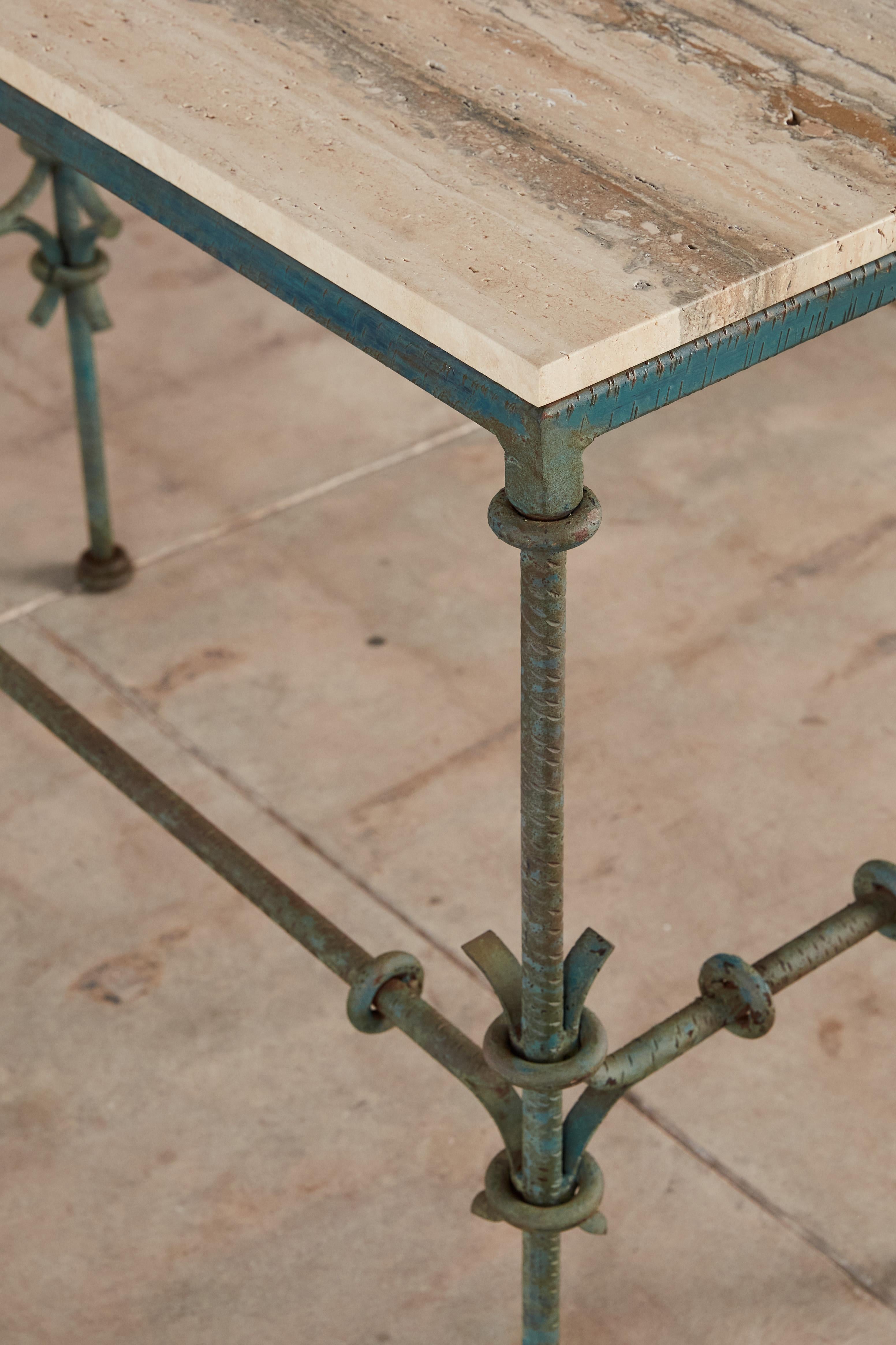 Wrought Iron Giacometti Style Console Table with Travertine Top