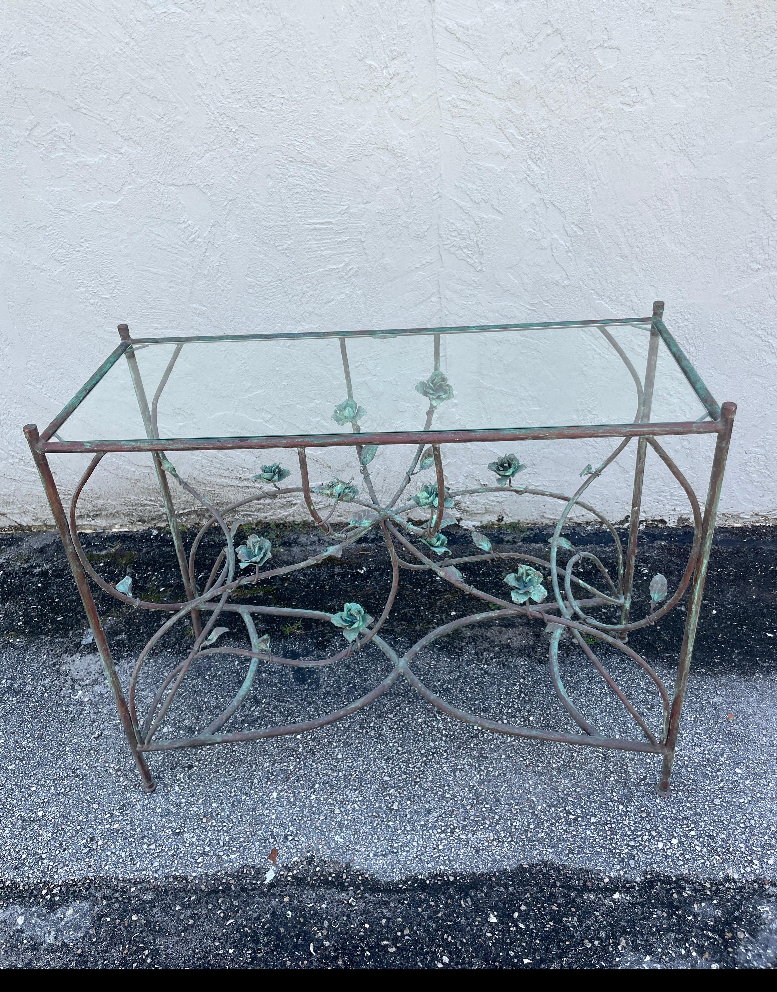 Wonderful vintage tubular copper vine and flowers console table in the style of Giacometti. Patinaed verdigris finish. 