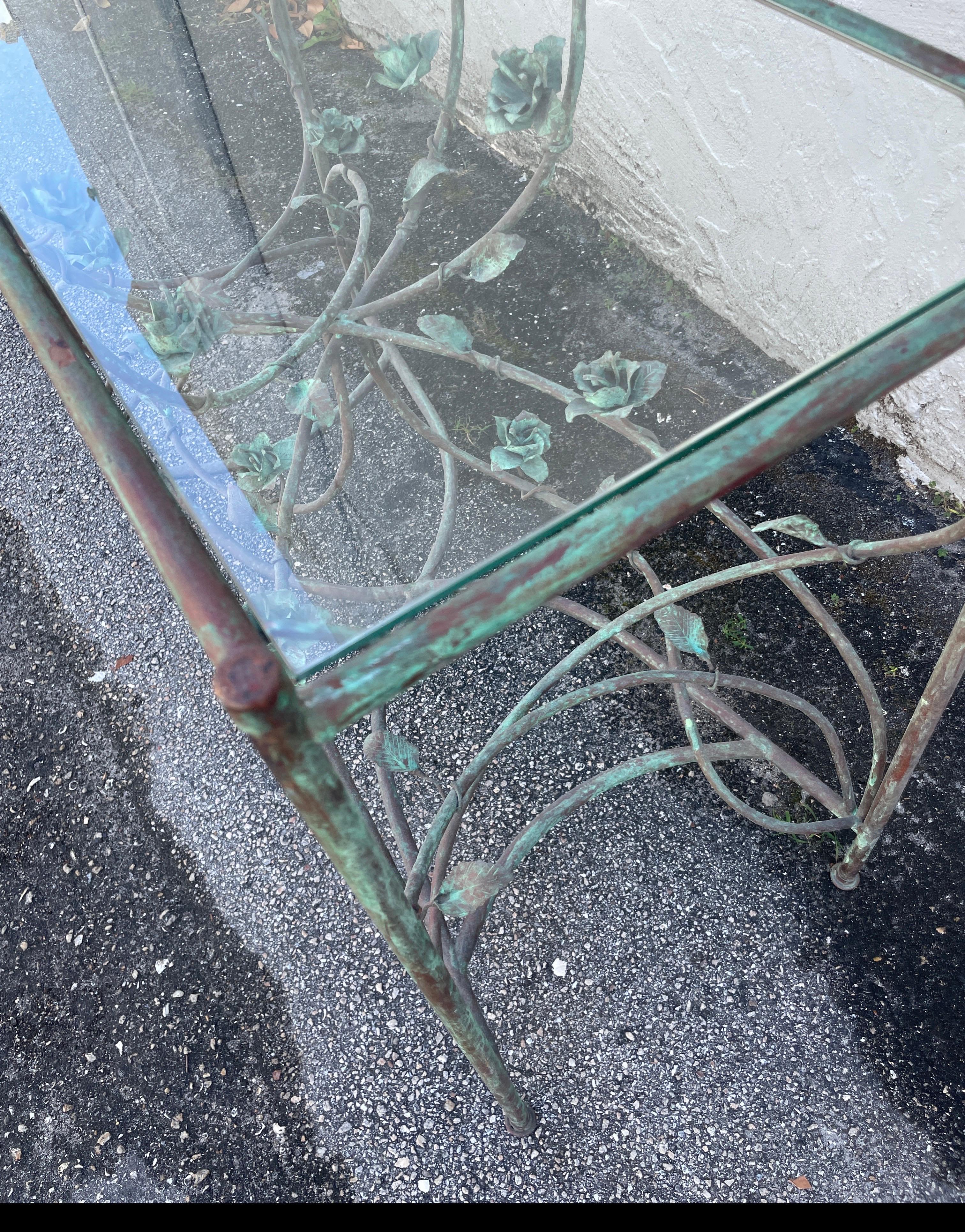Giacometti Style Copper Verdigris Vine & Flowers Console For Sale 3