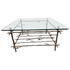 Giacometti Style Forged Iron and Glass Coffee Table, Faux Bois Vine Trellis Base