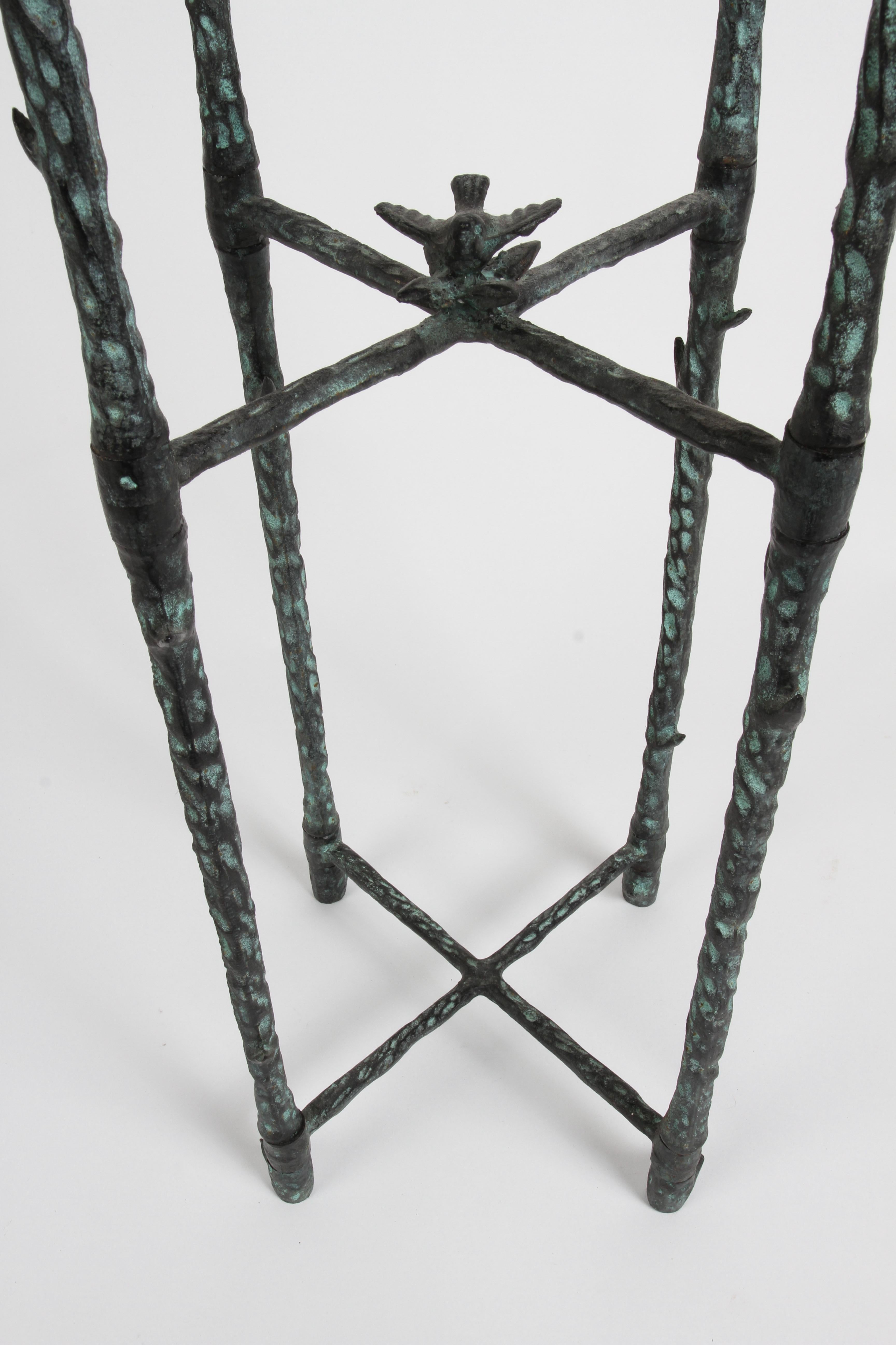 Giacometti Style Hammered Faux Bronze Finish Pedestal with Thorns and Bird Motif 4