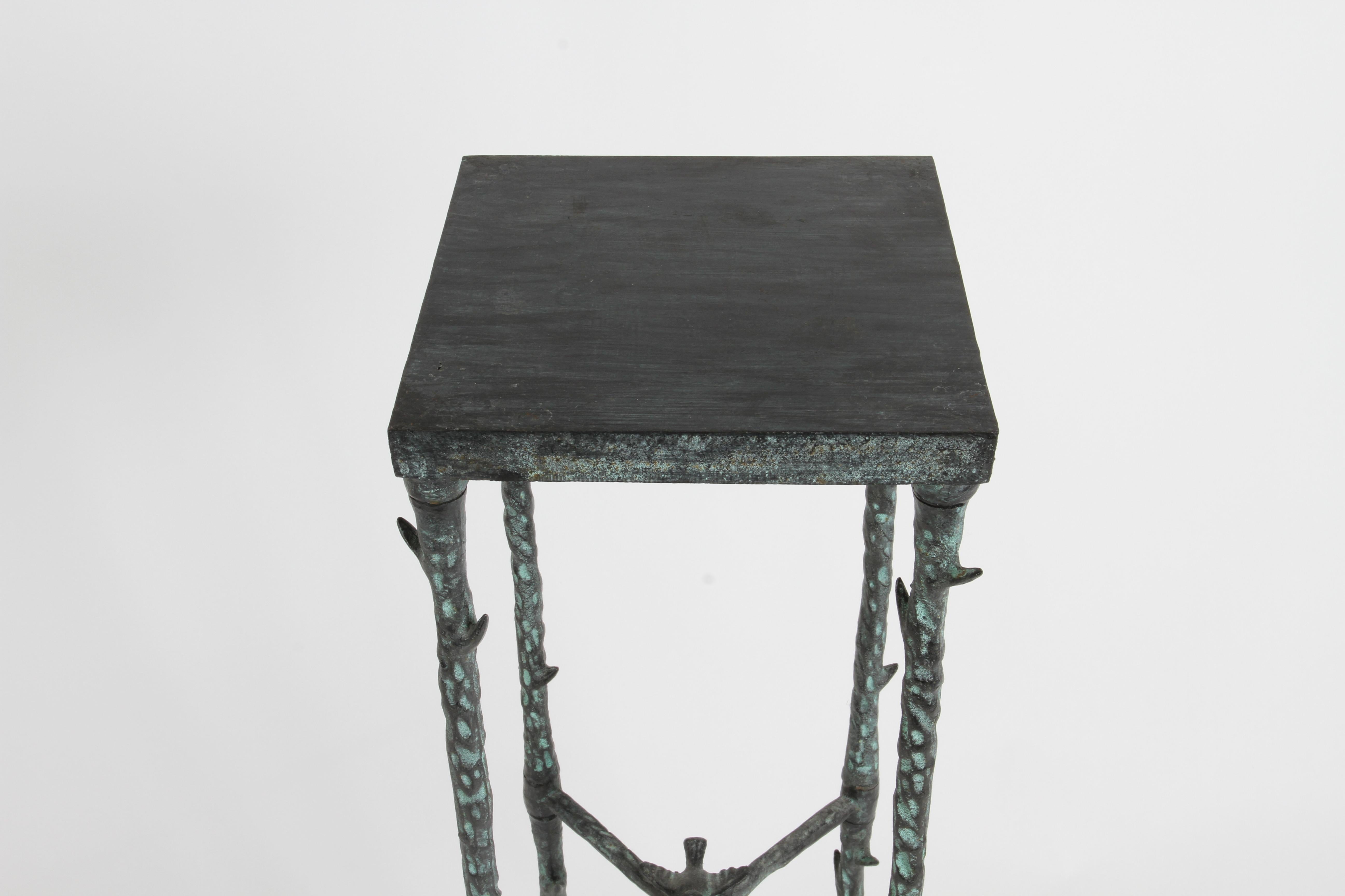 Patinated Giacometti Style Hammered Faux Bronze Finish Pedestal with Thorns and Bird Motif