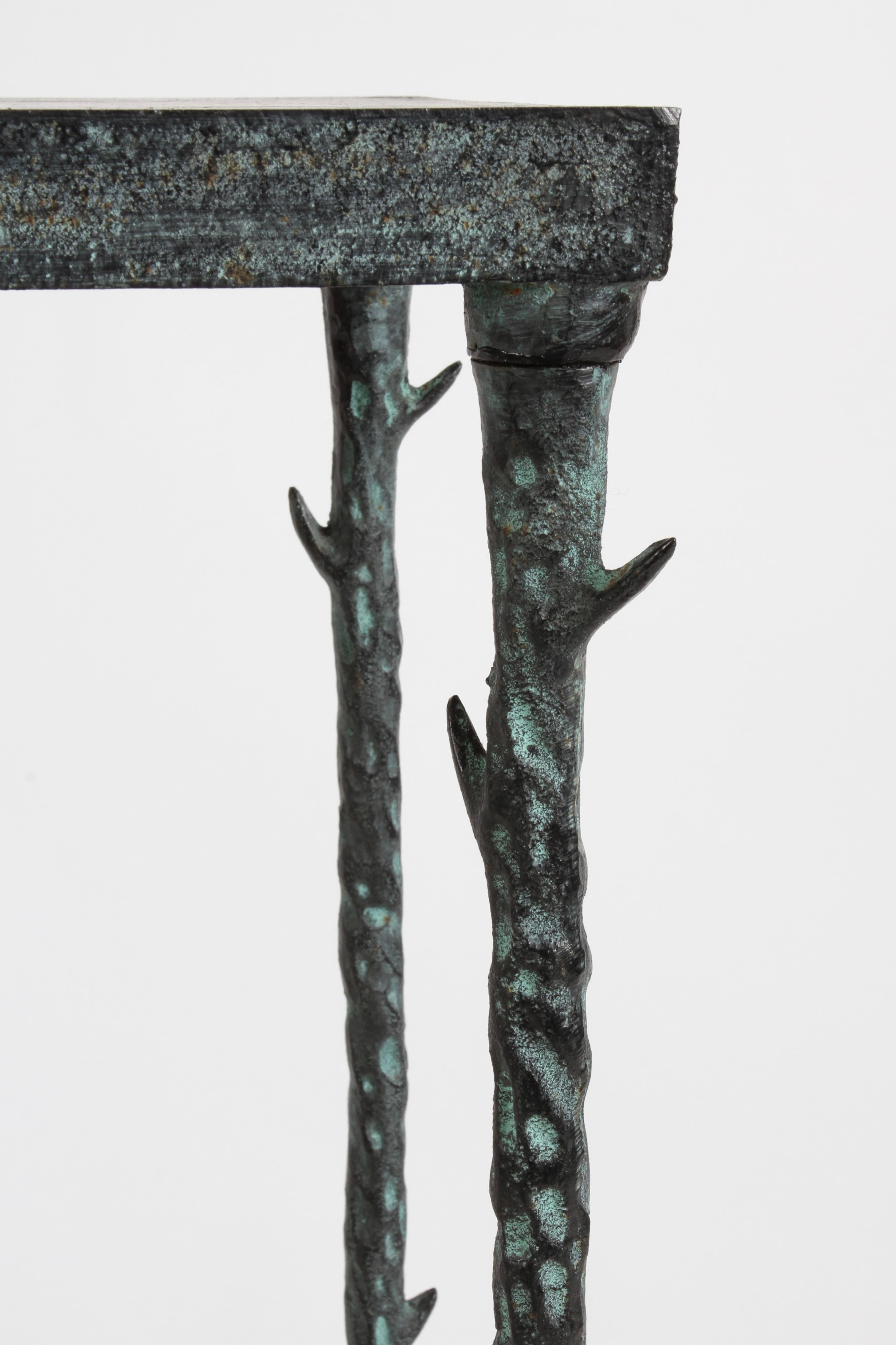 Late 20th Century Giacometti Style Hammered Faux Bronze Finish Pedestal with Thorns and Bird Motif