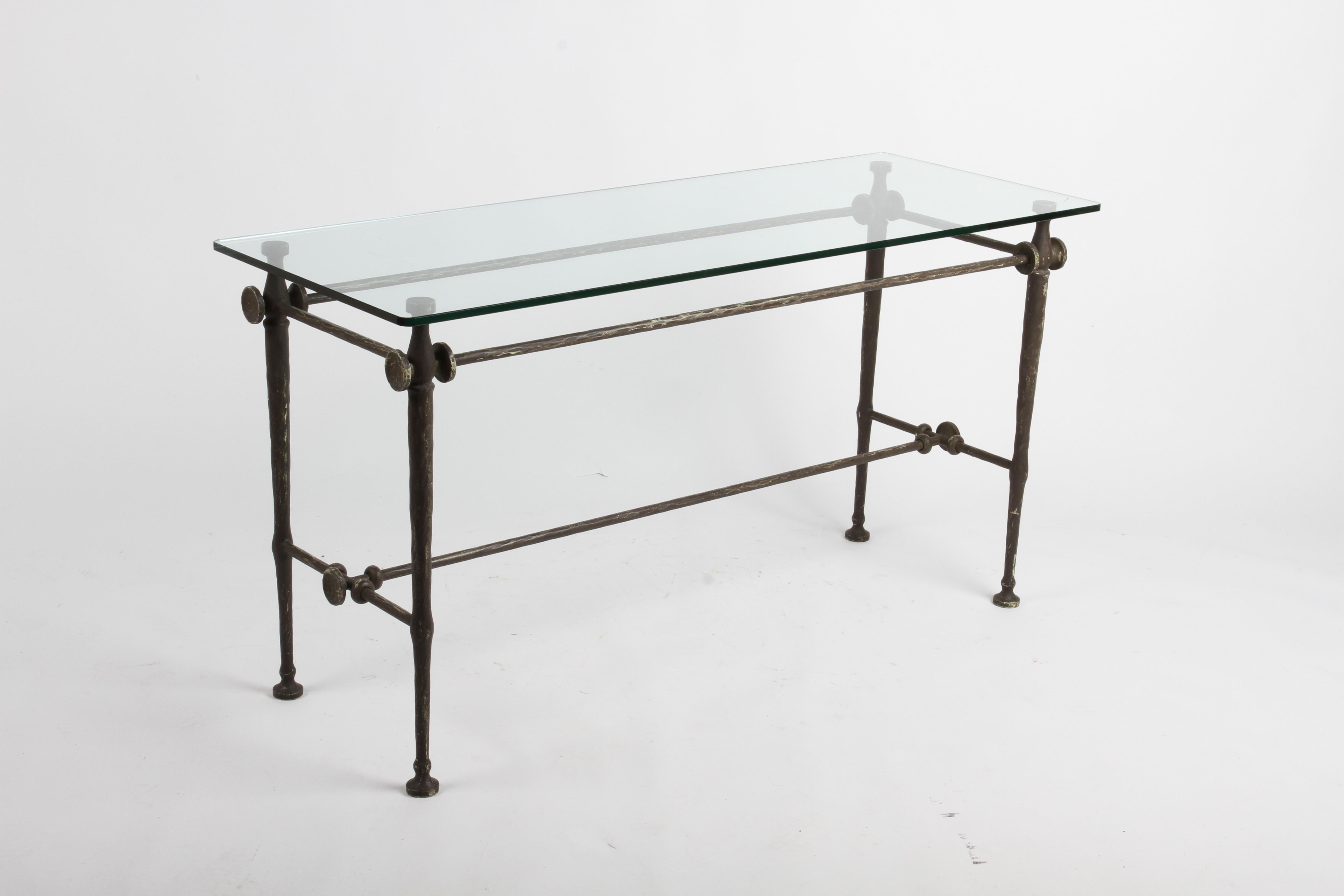 Giacometti Style Hammered & Sculpted Glass Top Console Table in Dark Bronze 4