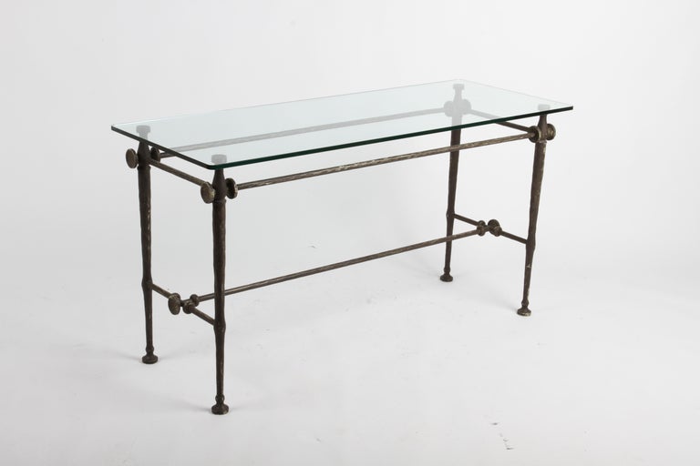 Giacometti Style Hammered & Sculpted Glass Top Console Table in Dark Bronze For Sale 5