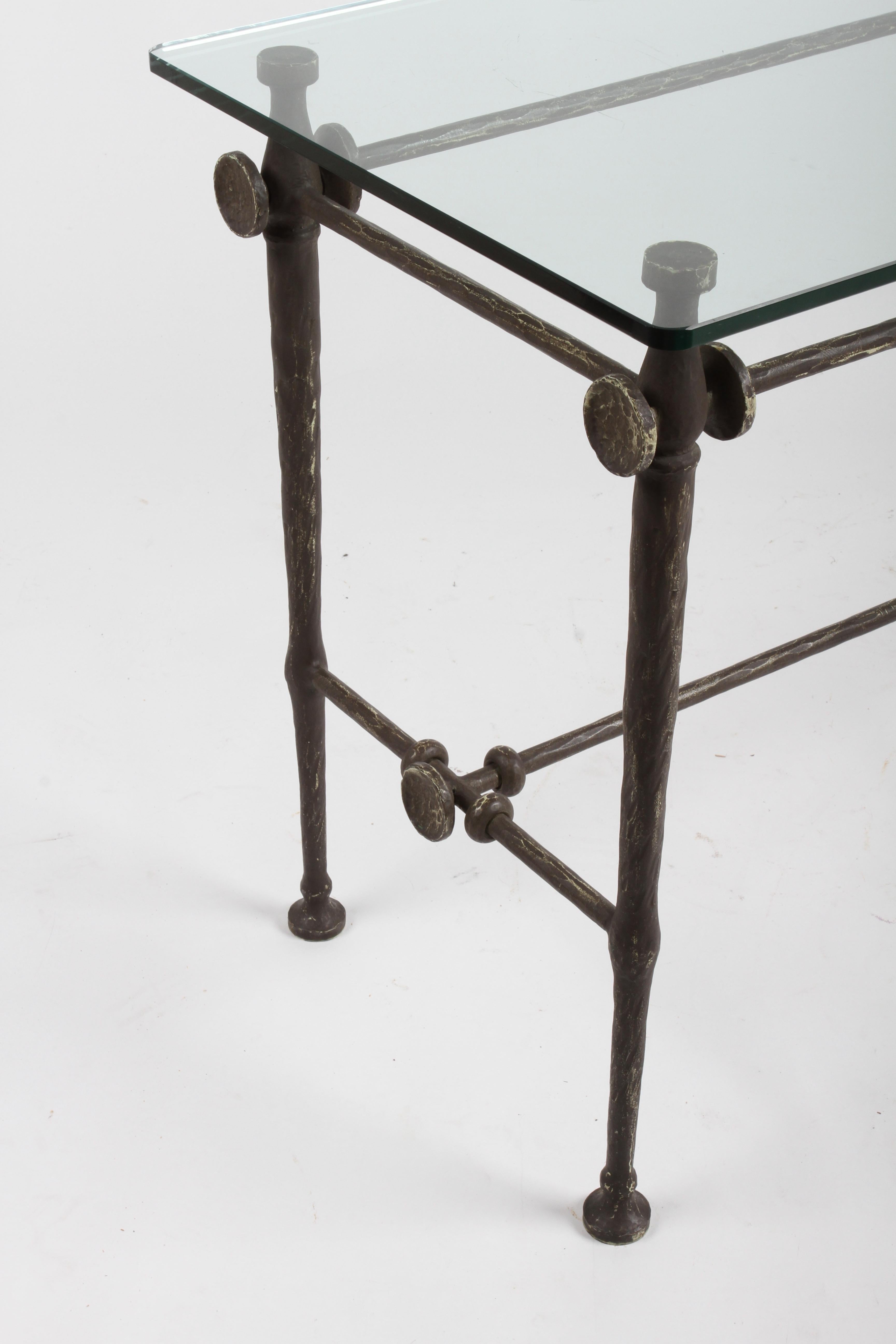 Giacometti Style Hammered & Sculpted Glass Top Console Table in Dark Bronze 6