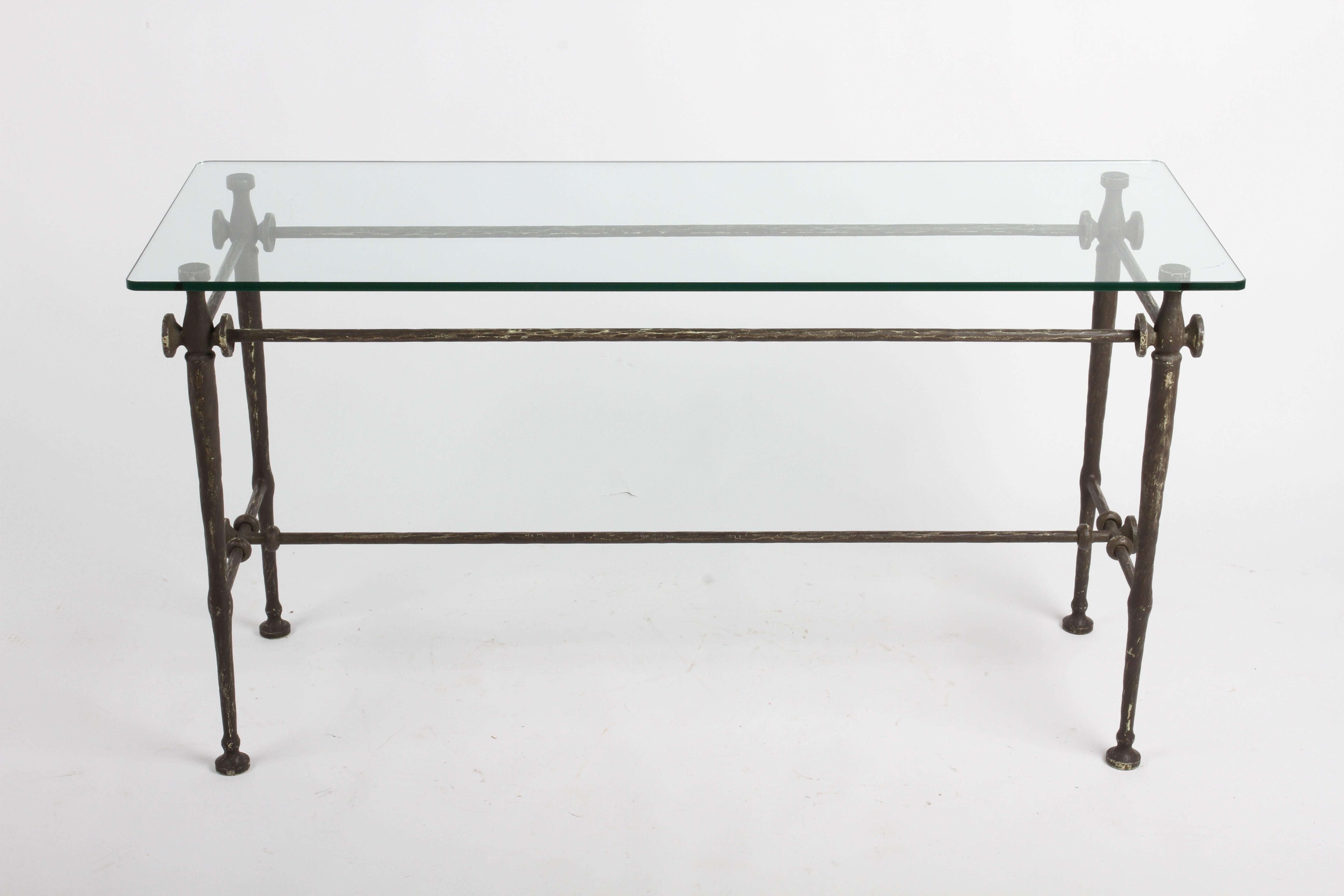 Mid-Century Modern Giacometti Style Hammered & Sculpted Glass Top Console Table in Dark Bronze