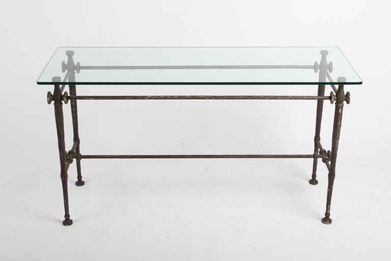 Mid-Century Modern Giacometti Style Hammered & Sculpted Glass Top Console Table in Dark Bronze For Sale
