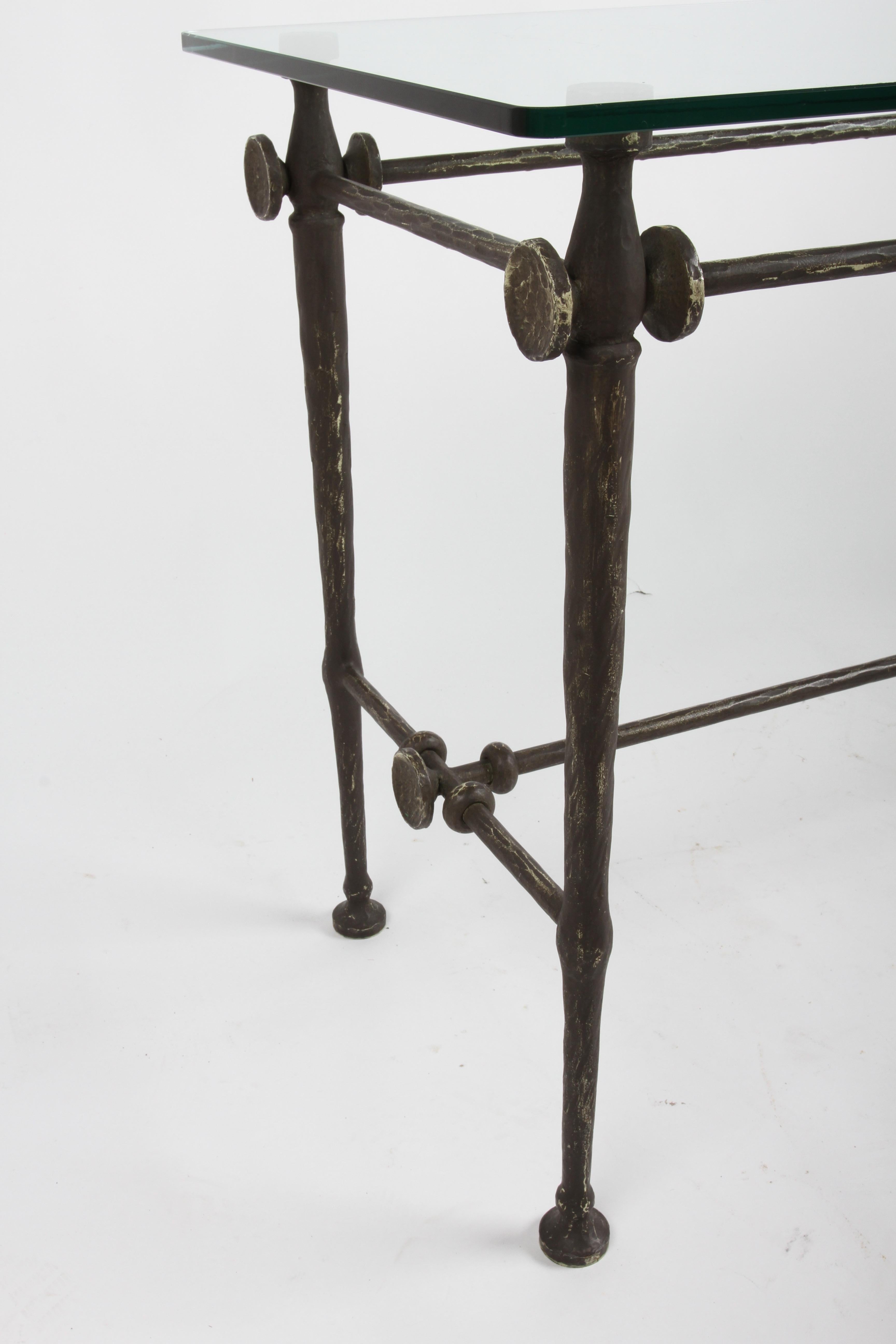 Cold-Painted Giacometti Style Hammered & Sculpted Glass Top Console Table in Dark Bronze