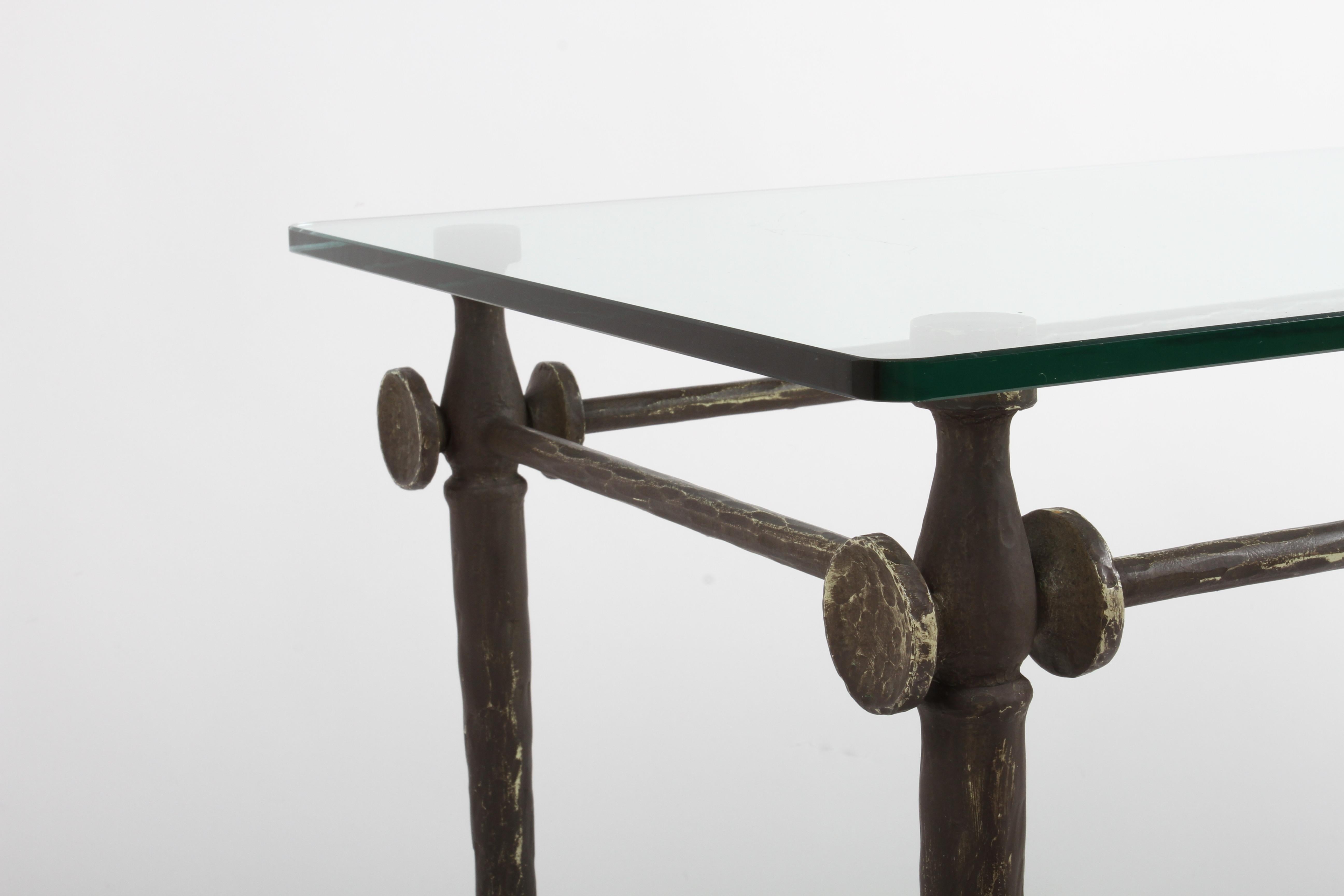 Giacometti Style Hammered & Sculpted Glass Top Console Table in Dark Bronze In Good Condition In St. Louis, MO