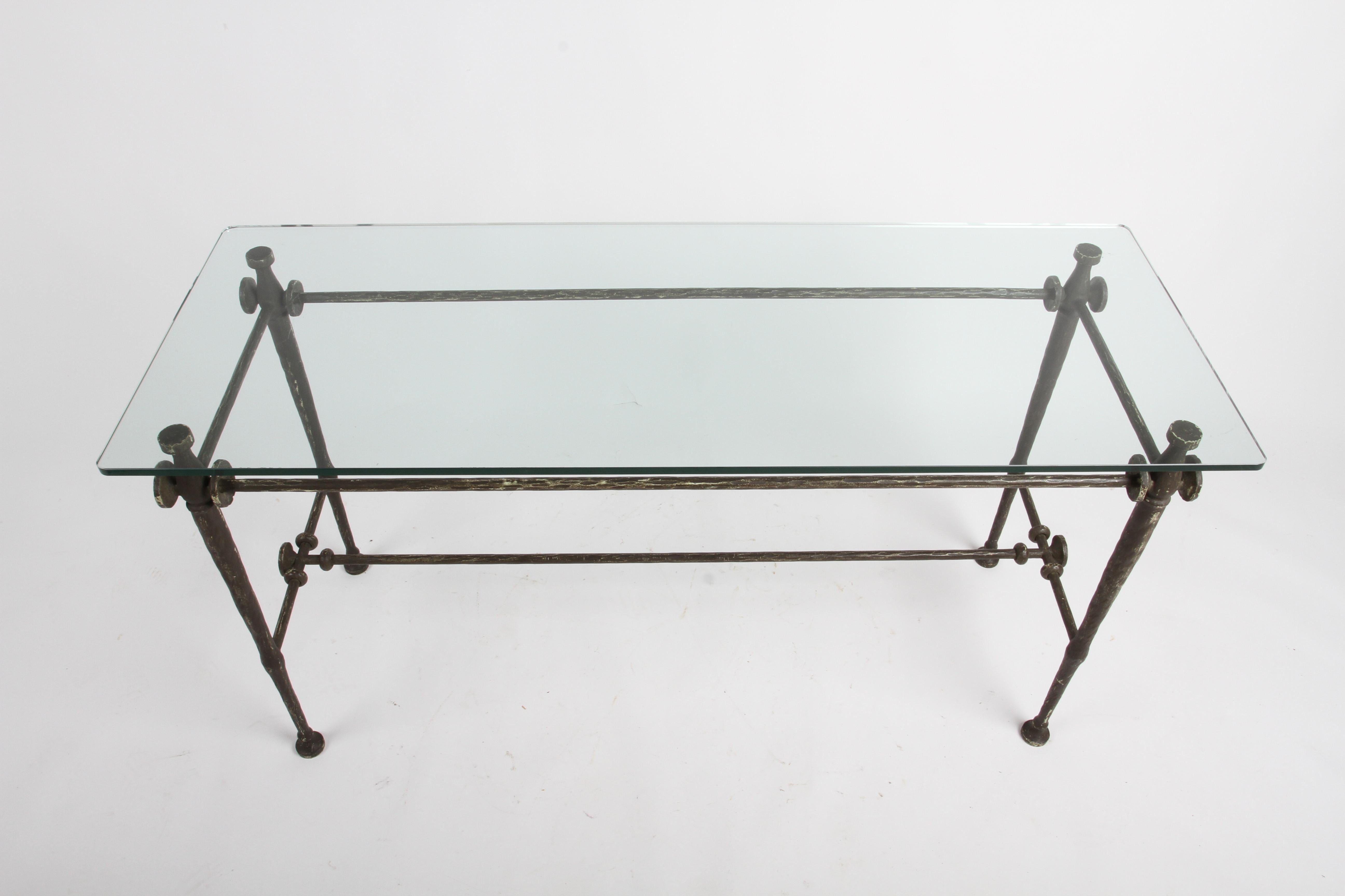 Metal Giacometti Style Hammered & Sculpted Glass Top Console Table in Dark Bronze