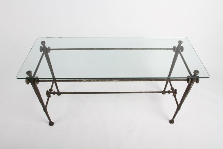 Metal Giacometti Style Hammered & Sculpted Glass Top Console Table in Dark Bronze For Sale