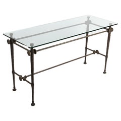 Giacometti Style Hammered & Sculpted Glass Top Console Table in Dark Bronze