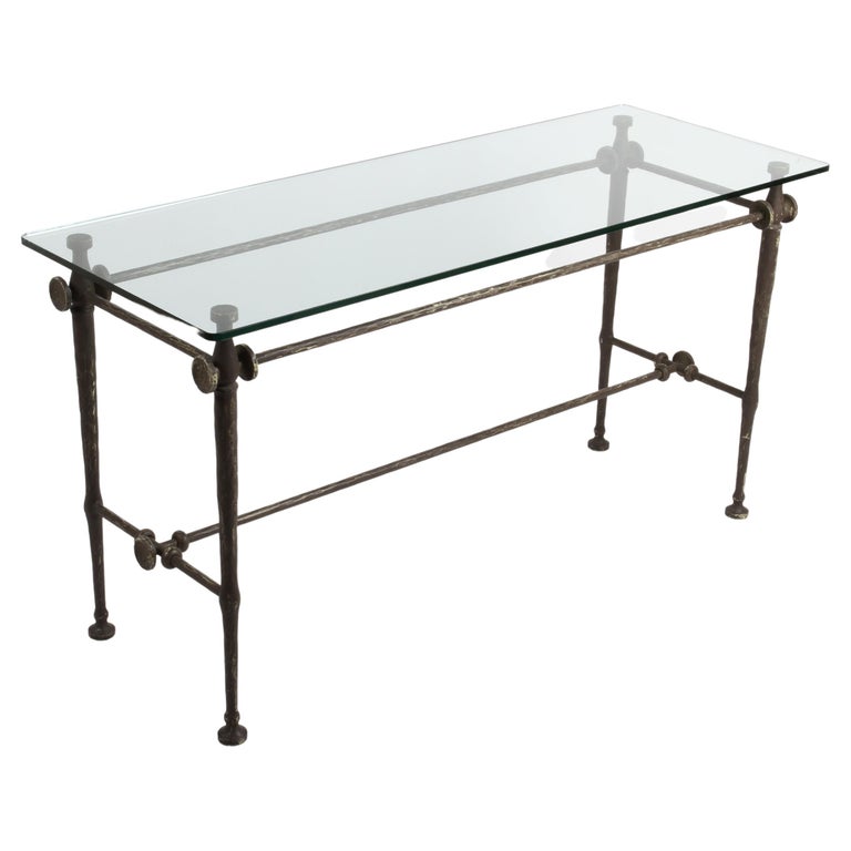 Giacometti Style Hammered & Sculpted Glass Top Console Table in Dark Bronze For Sale