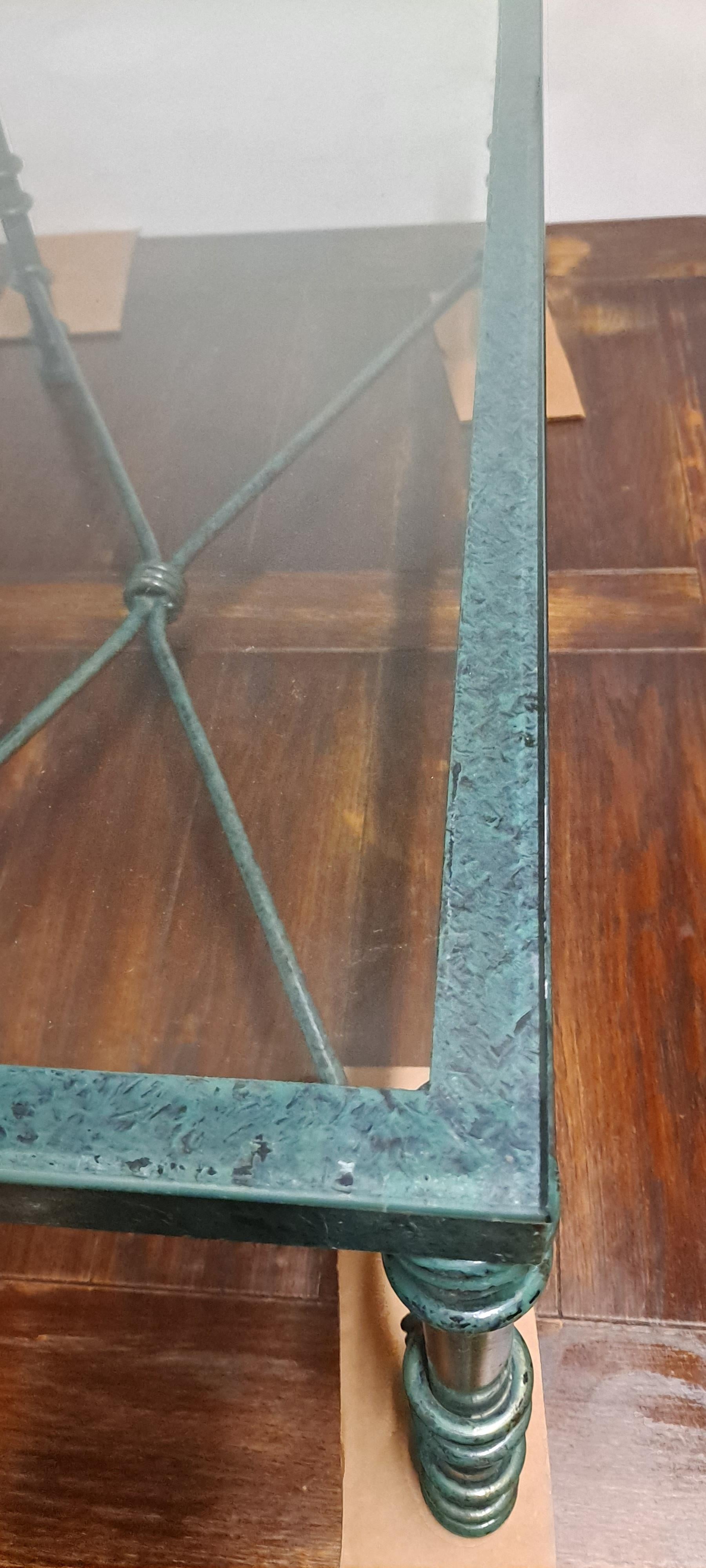 Giacometti-Style Iron Coffee Table With Verdigris Finish and Glass Top In Good Condition In San Francisco, CA