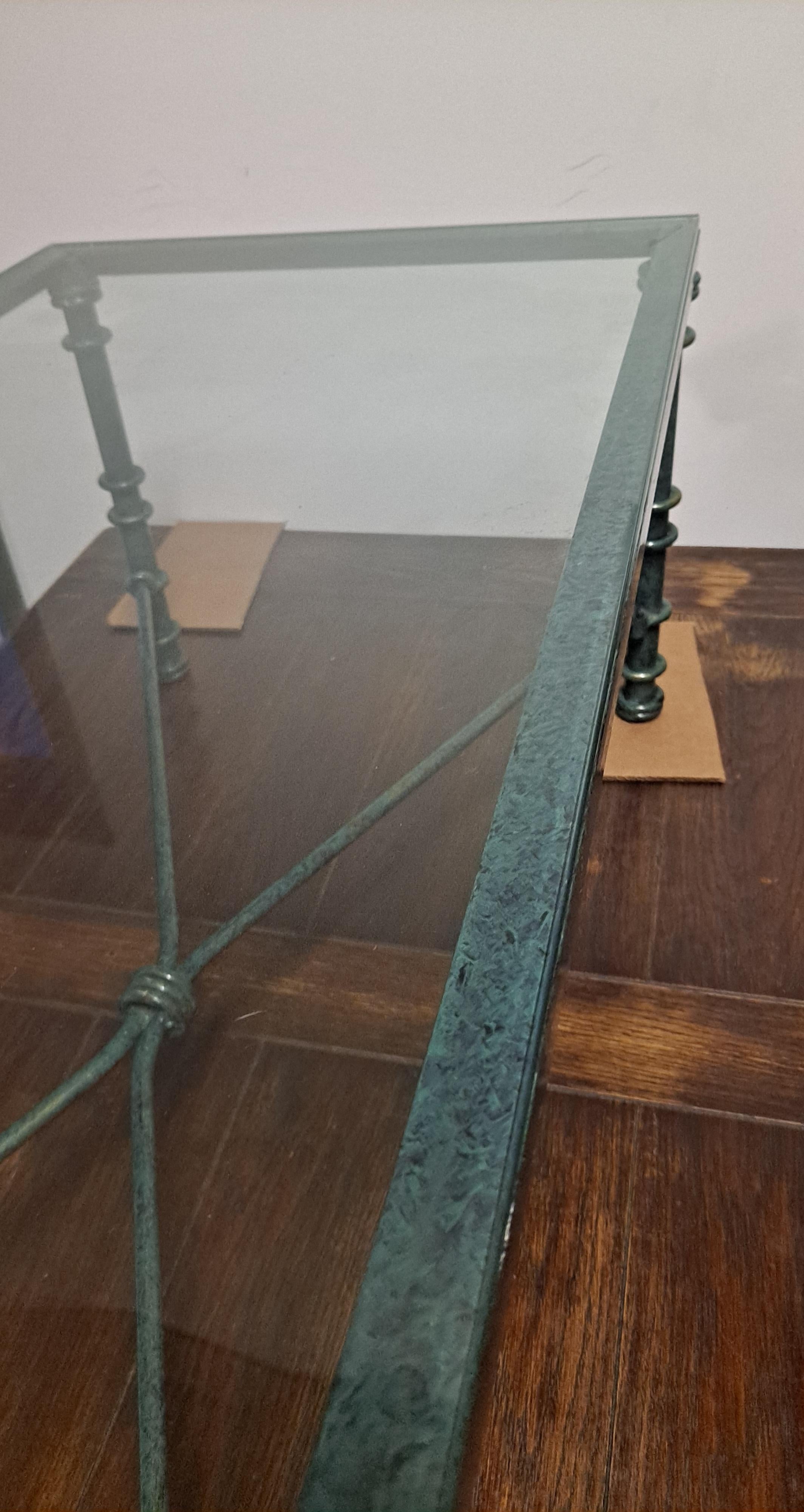 20th Century Giacometti-Style Iron Coffee Table With Verdigris Finish and Glass Top