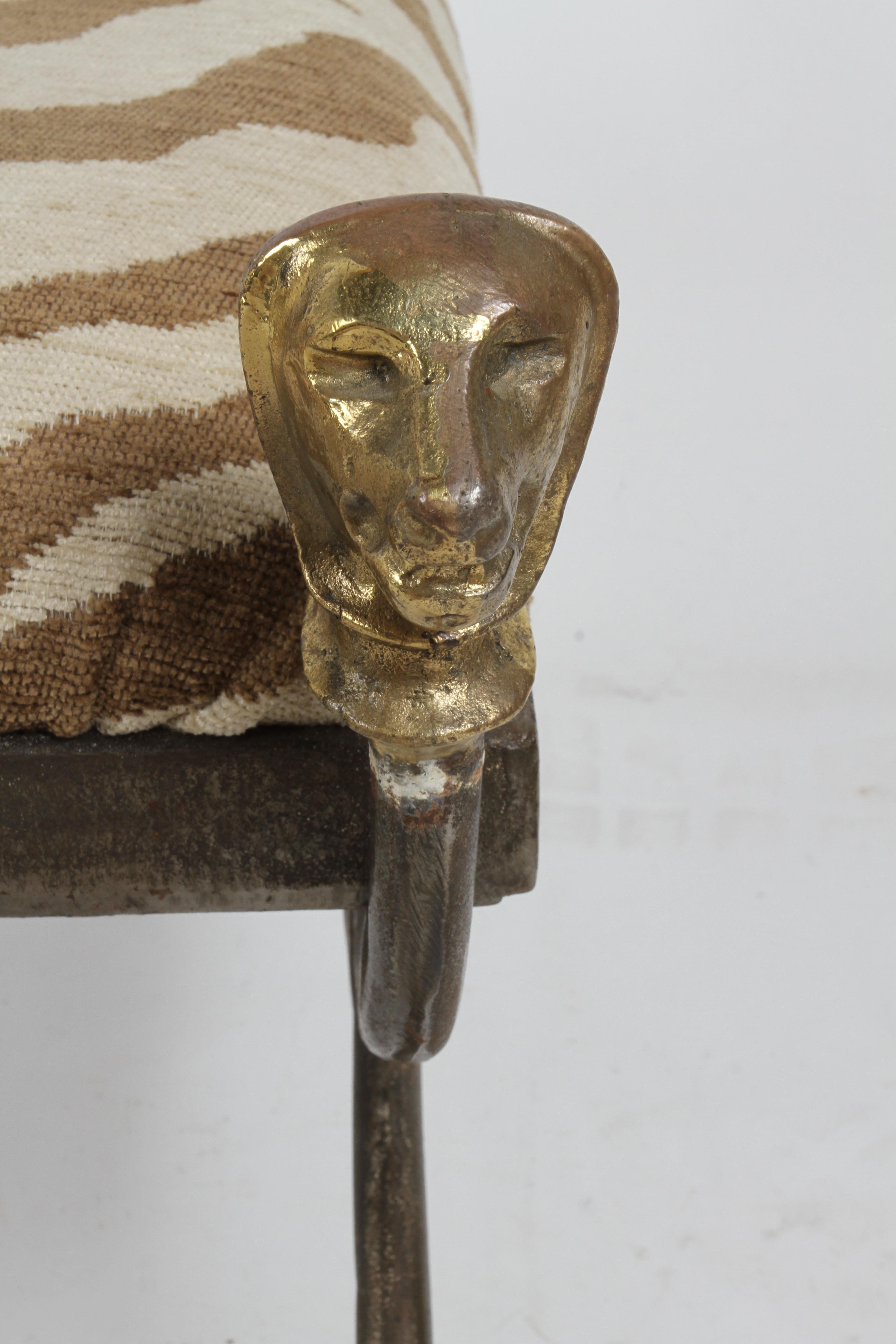 Giacometti Style Lion Head Ottoman in Bronze & Iron with Faux Zebra Seat 1970s For Sale 5