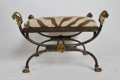 Giacometti Style Lion Head Ottoman in Bronze & Iron with Faux Zebra Seat 1970s