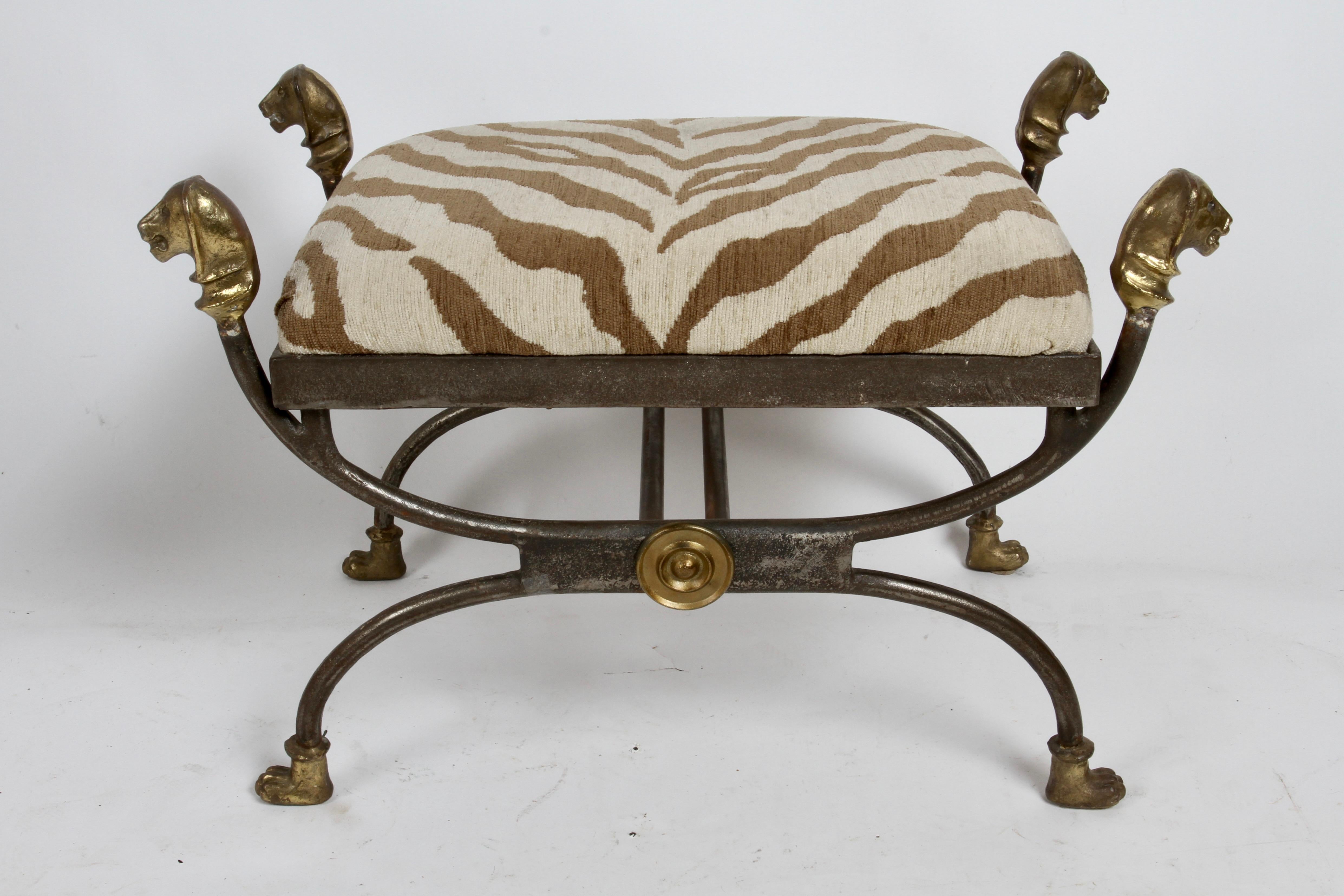 Mid-Century Modern Giacometti Style Lion Head Ottoman in Bronze & Iron with Faux Zebra Seat 1970s For Sale