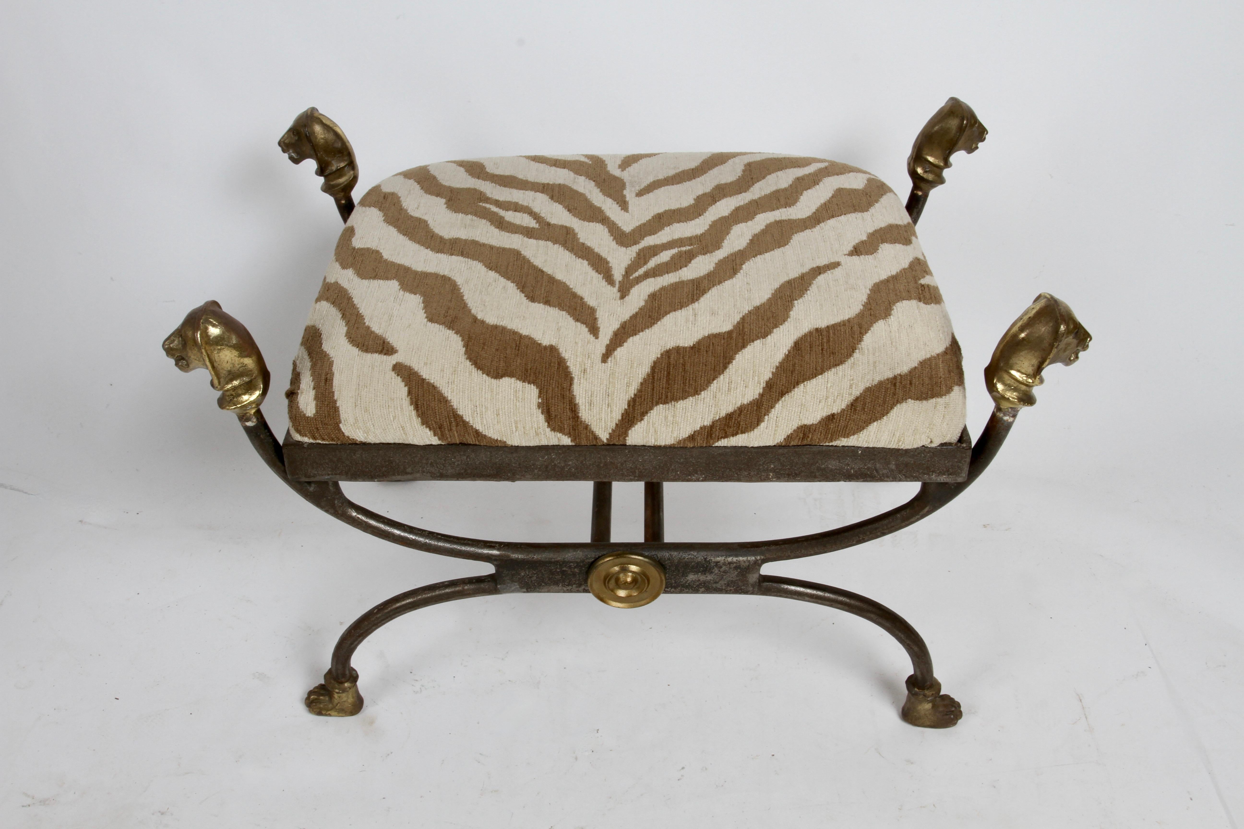 Giacometti Style Lion Head Ottoman in Bronze & Iron with Faux Zebra Seat 1970s In Good Condition For Sale In St. Louis, MO