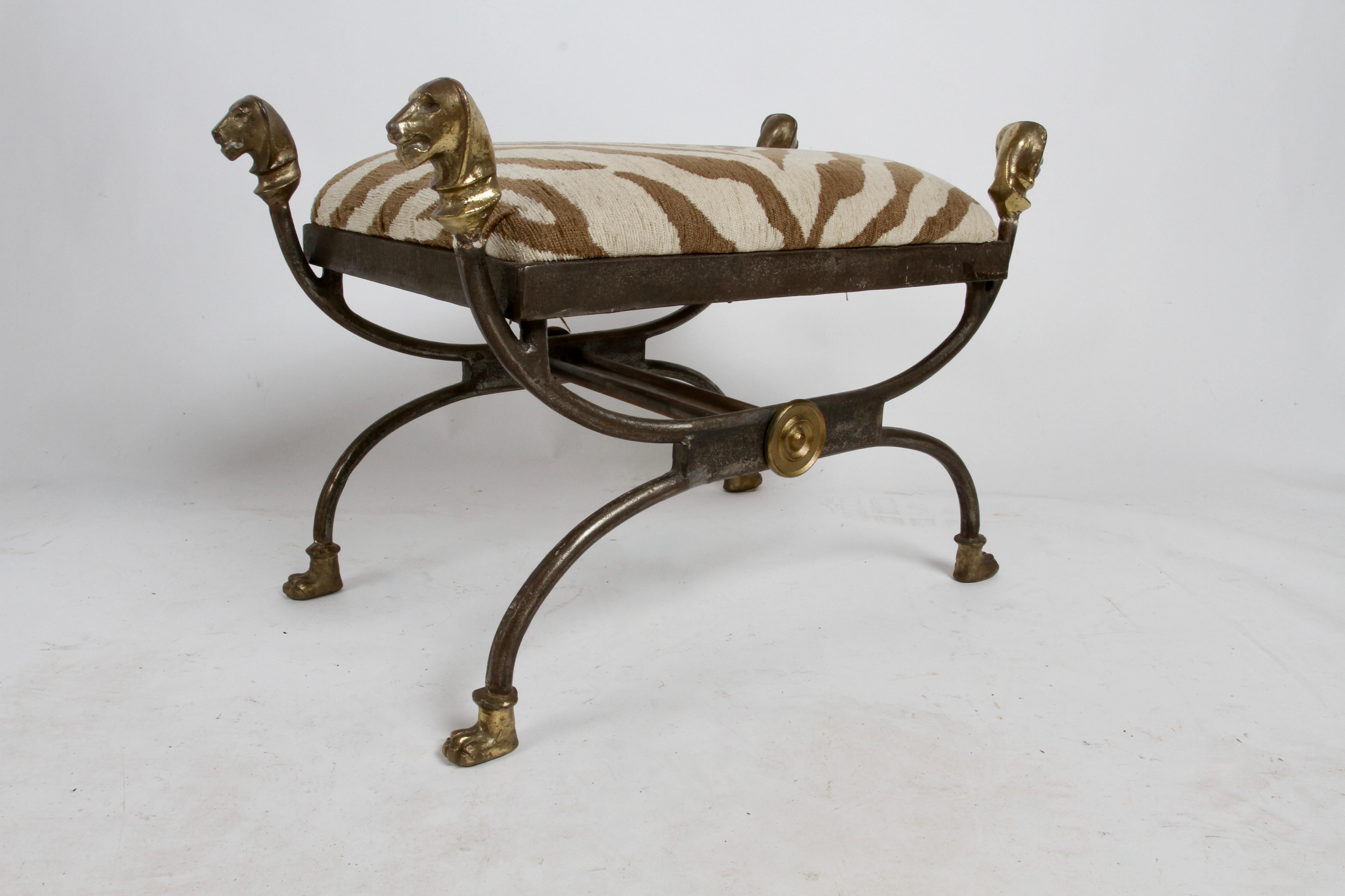 Late 20th Century Giacometti Style Lion Head Ottoman in Bronze & Iron with Faux Zebra Seat 1970s For Sale