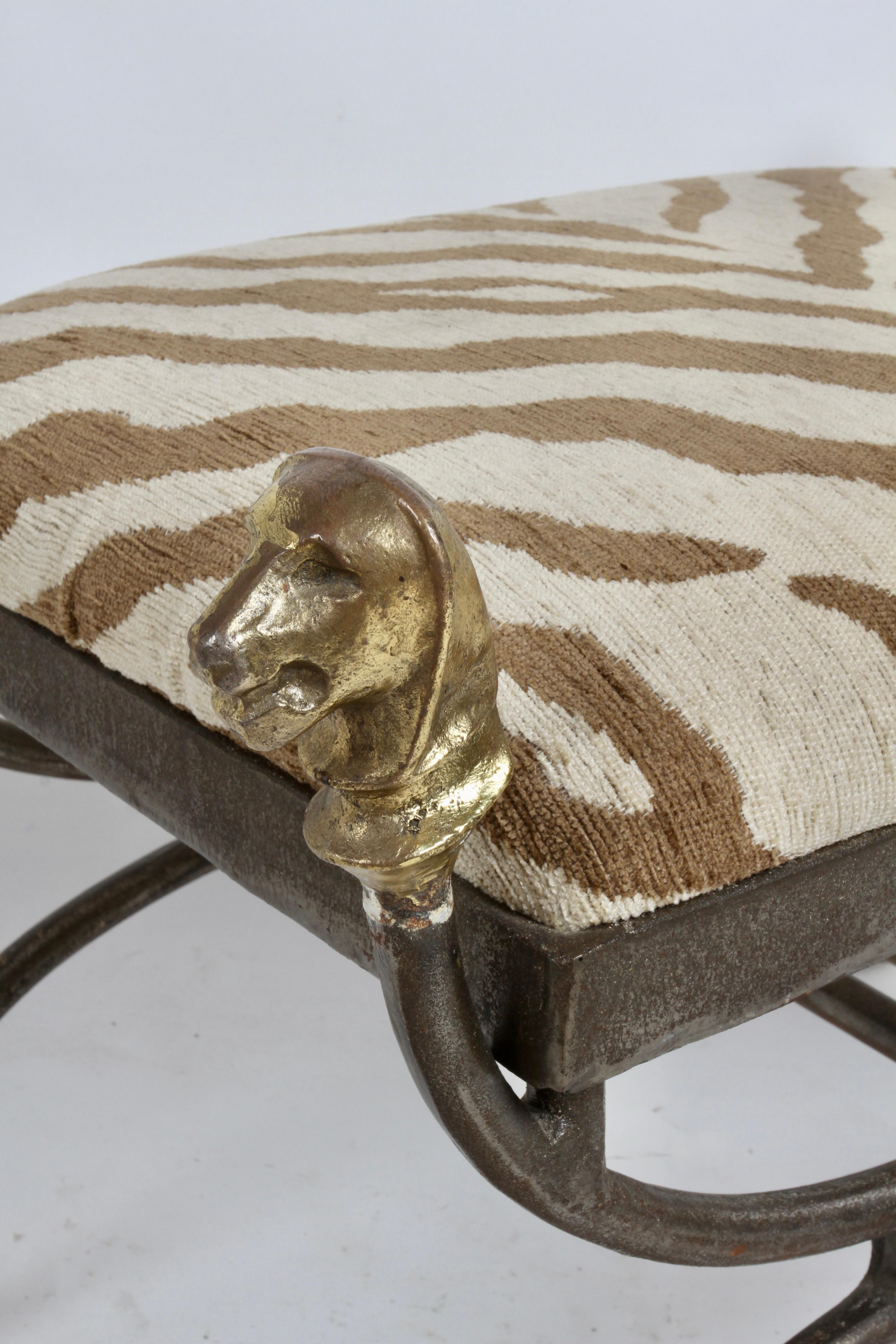 Metal Giacometti Style Lion Head Ottoman in Bronze & Iron with Faux Zebra Seat 1970s For Sale