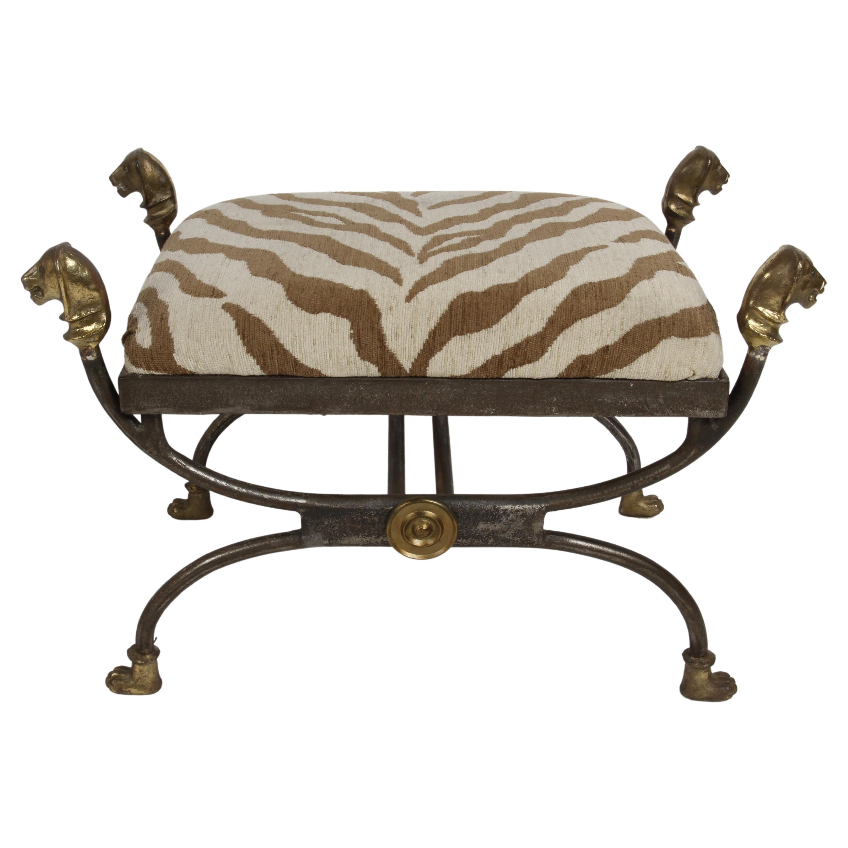 Giacometti Style Lion Head Ottoman in Bronze & Iron with Faux Zebra Seat 1970s For Sale
