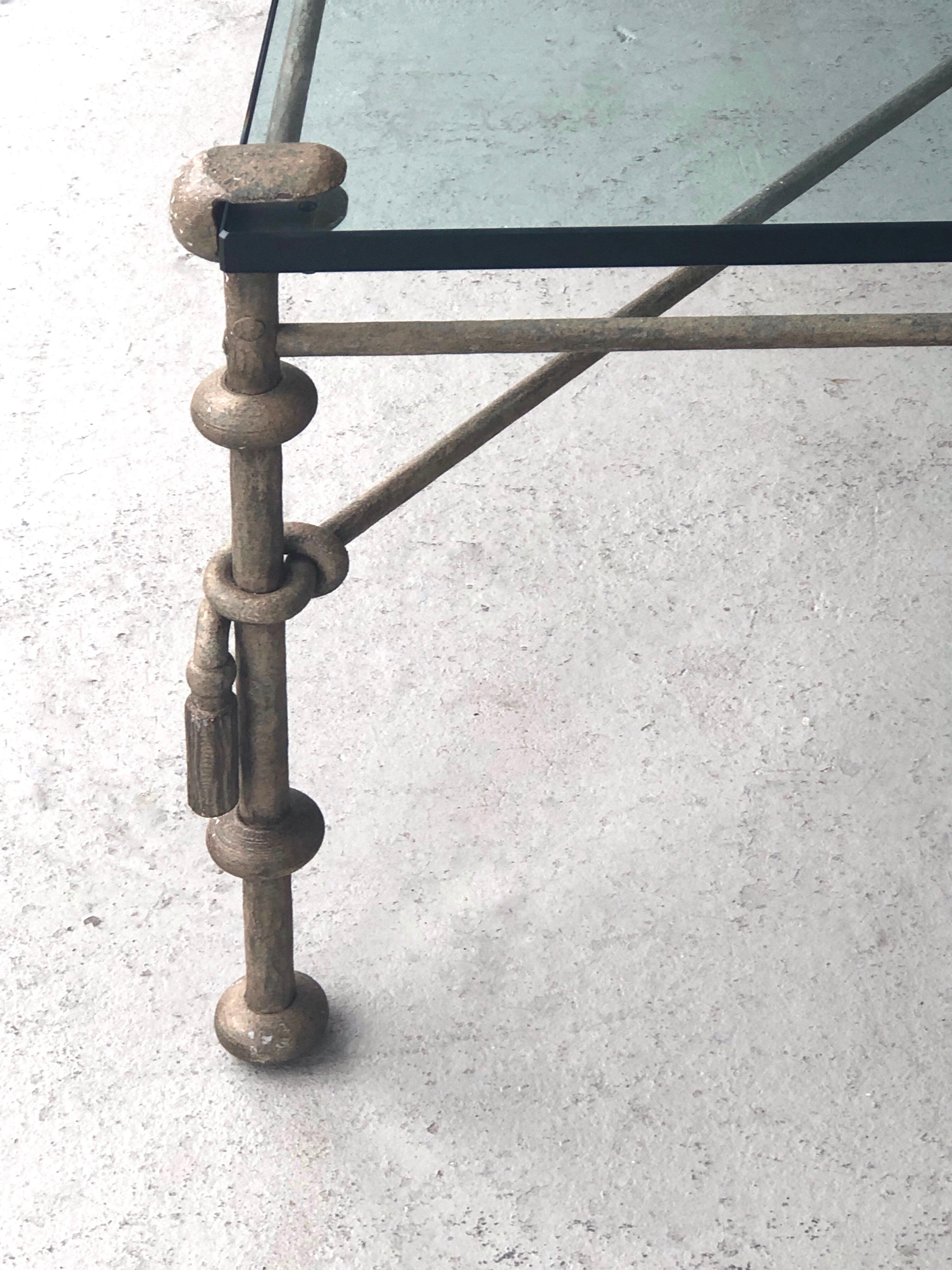 American Giacometti Style Metal and Glass Coffee Cocktail Table with Tassels and Snake