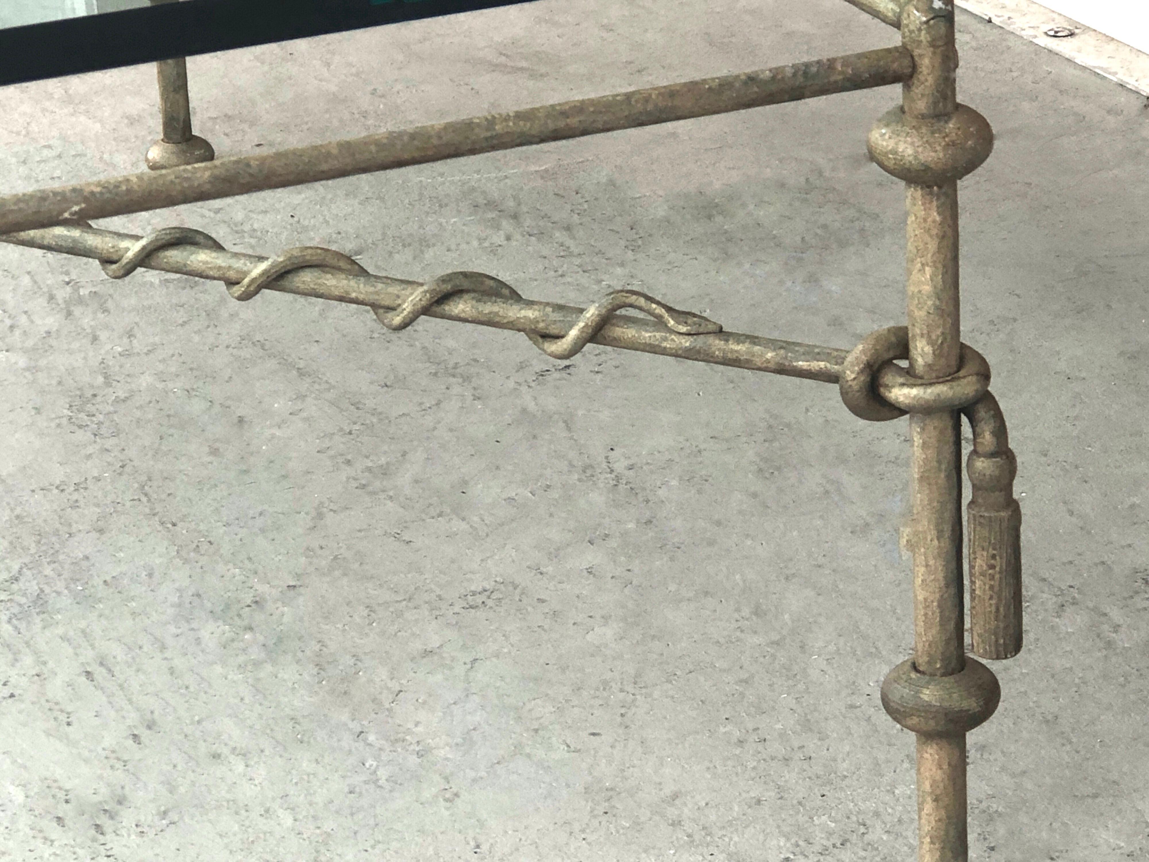 Late 20th Century Giacometti Style Metal and Glass Coffee Cocktail Table with Tassels and Snake