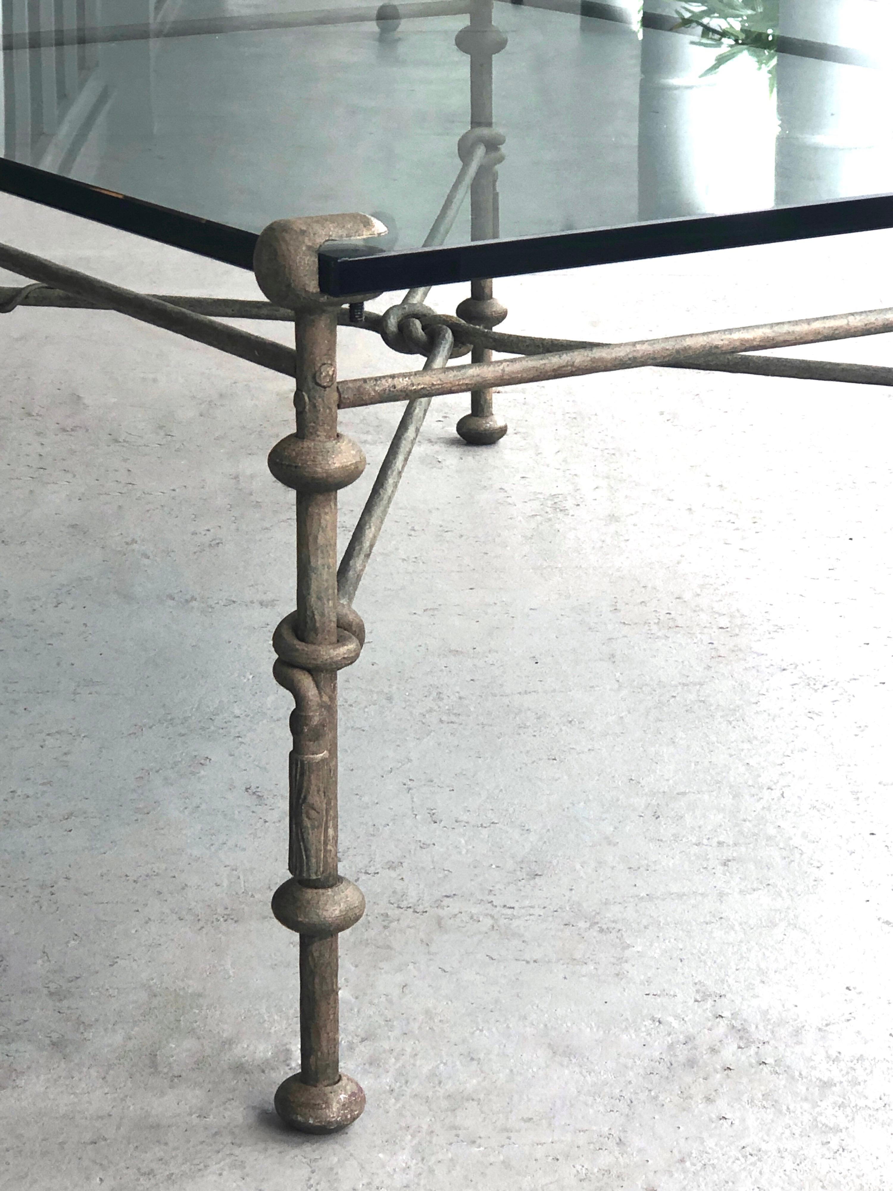 Steel Giacometti Style Metal and Glass Coffee Cocktail Table with Tassels and Snake