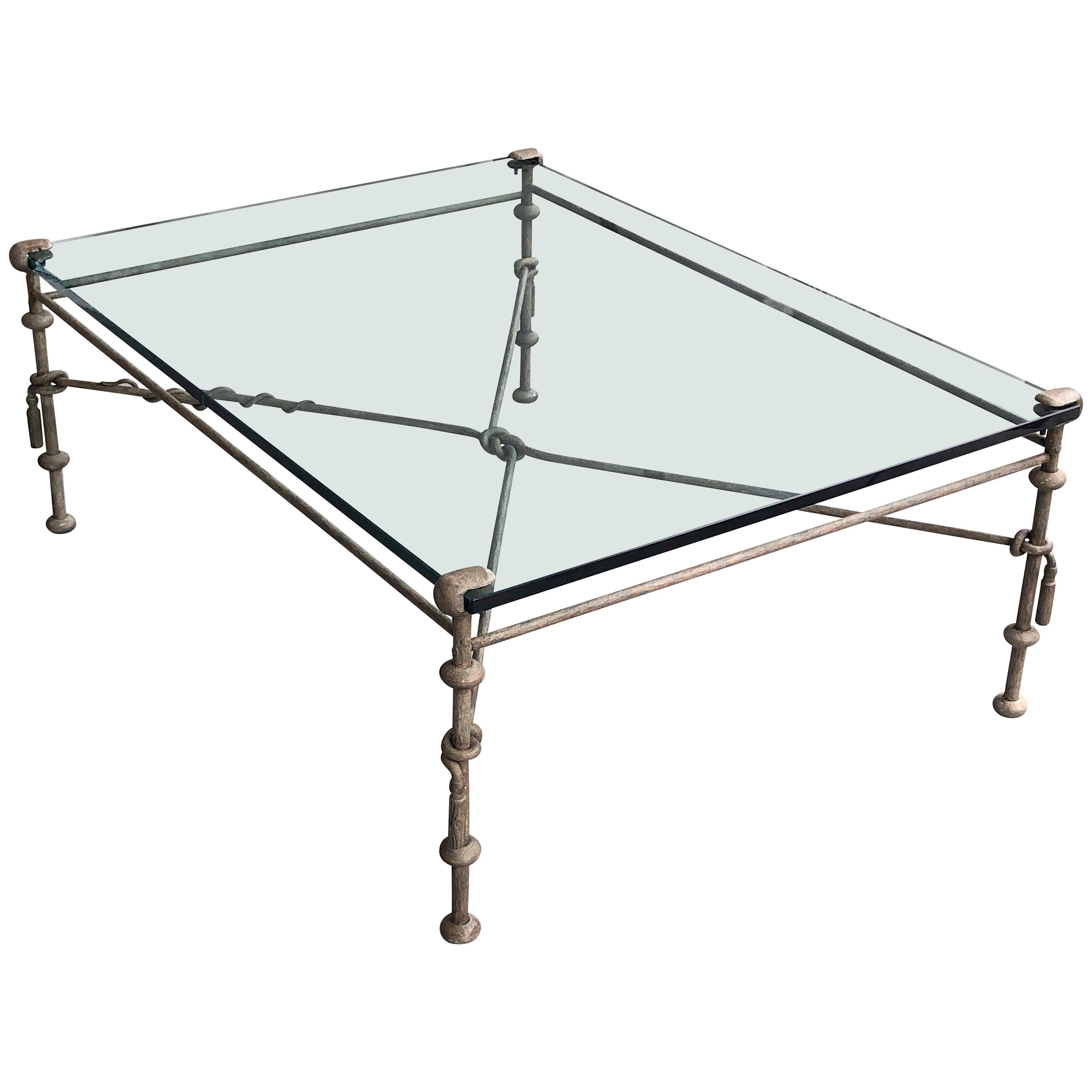 Giacometti Style Metal and Glass Coffee Cocktail Table with Tassels and Snake