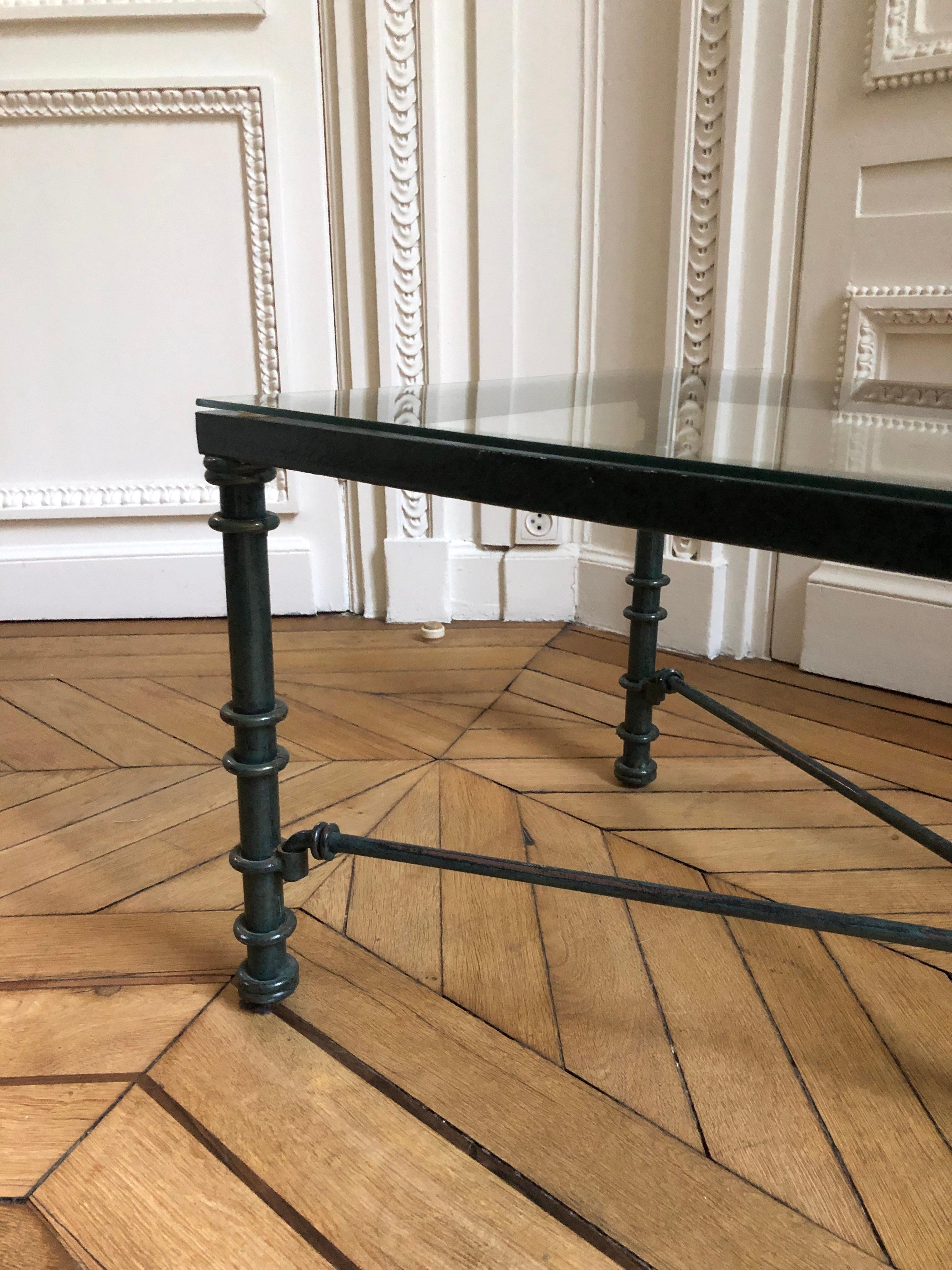 French Giacometti Style Metal and Glass Patinated Coffee Table